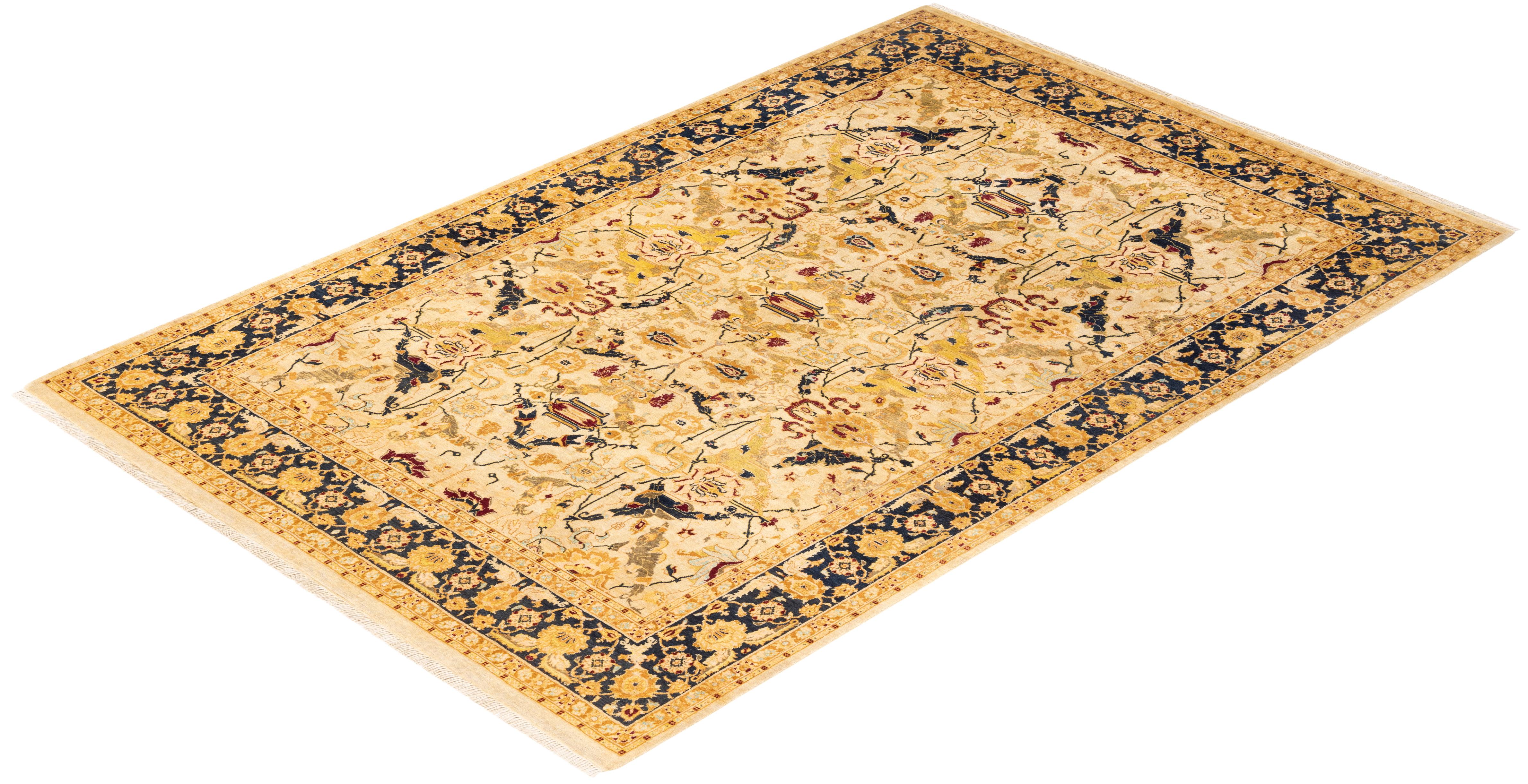 Handgeknüpfter orientalischer Mogul Elfenbeinfarbener Teppich, Unikat im Angebot 2
