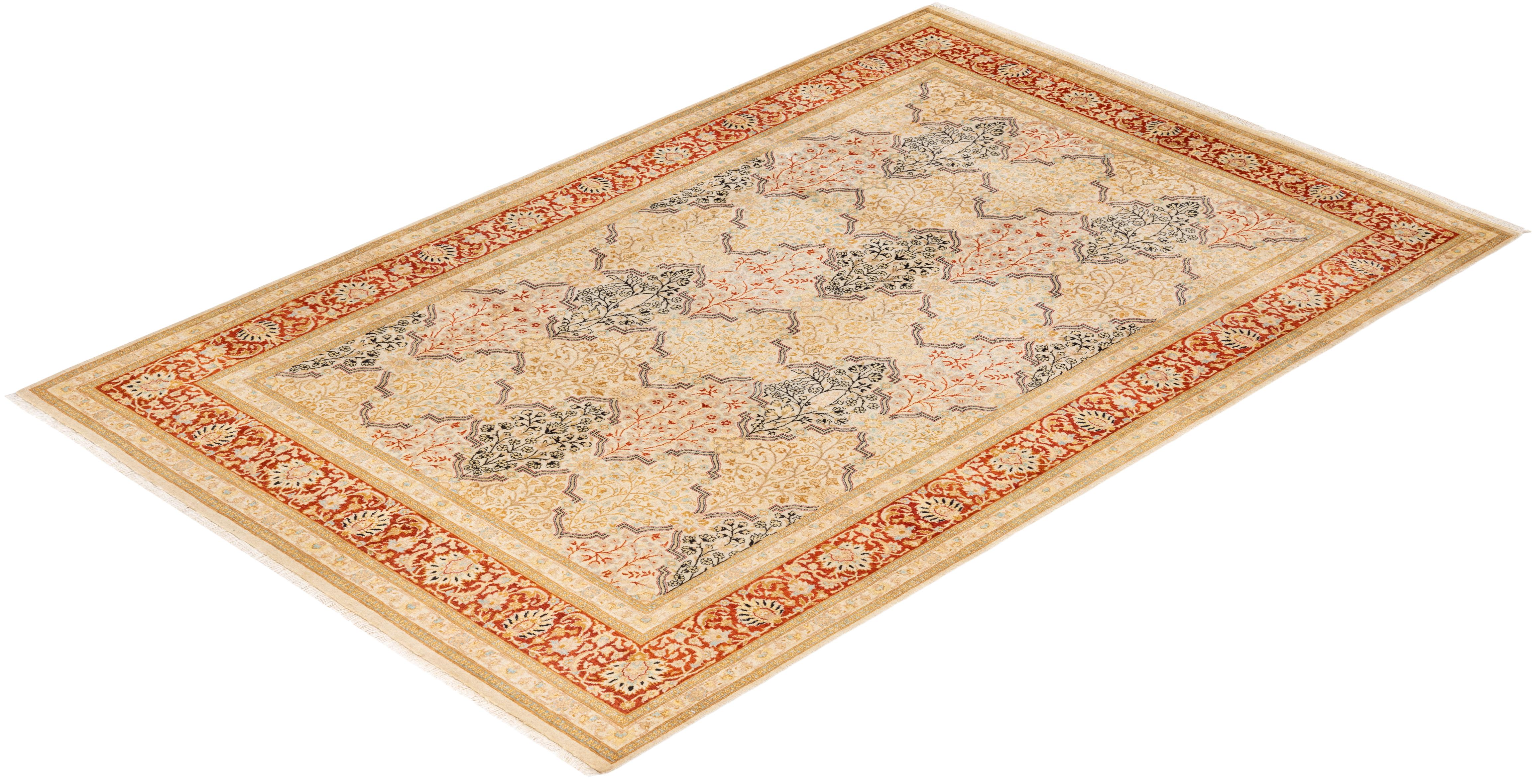 Handgeknüpfter orientalischer Mogul elfenbeinfarbener Teppich in Elfenbein, Unikat im Angebot 2