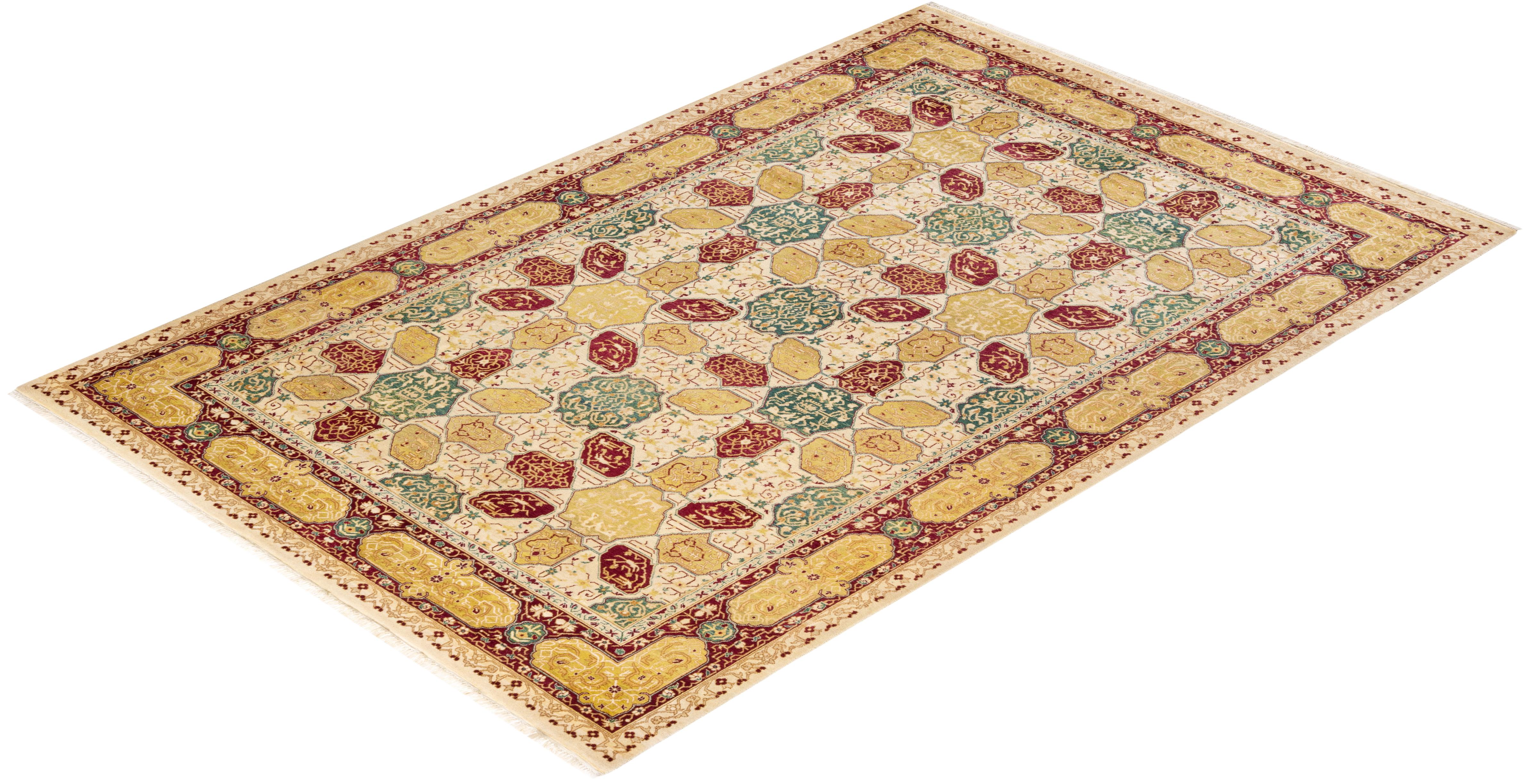 Handgeknüpfter orientalischer Mogul Elfenbeinfarbener Teppich, Unikat im Angebot 2