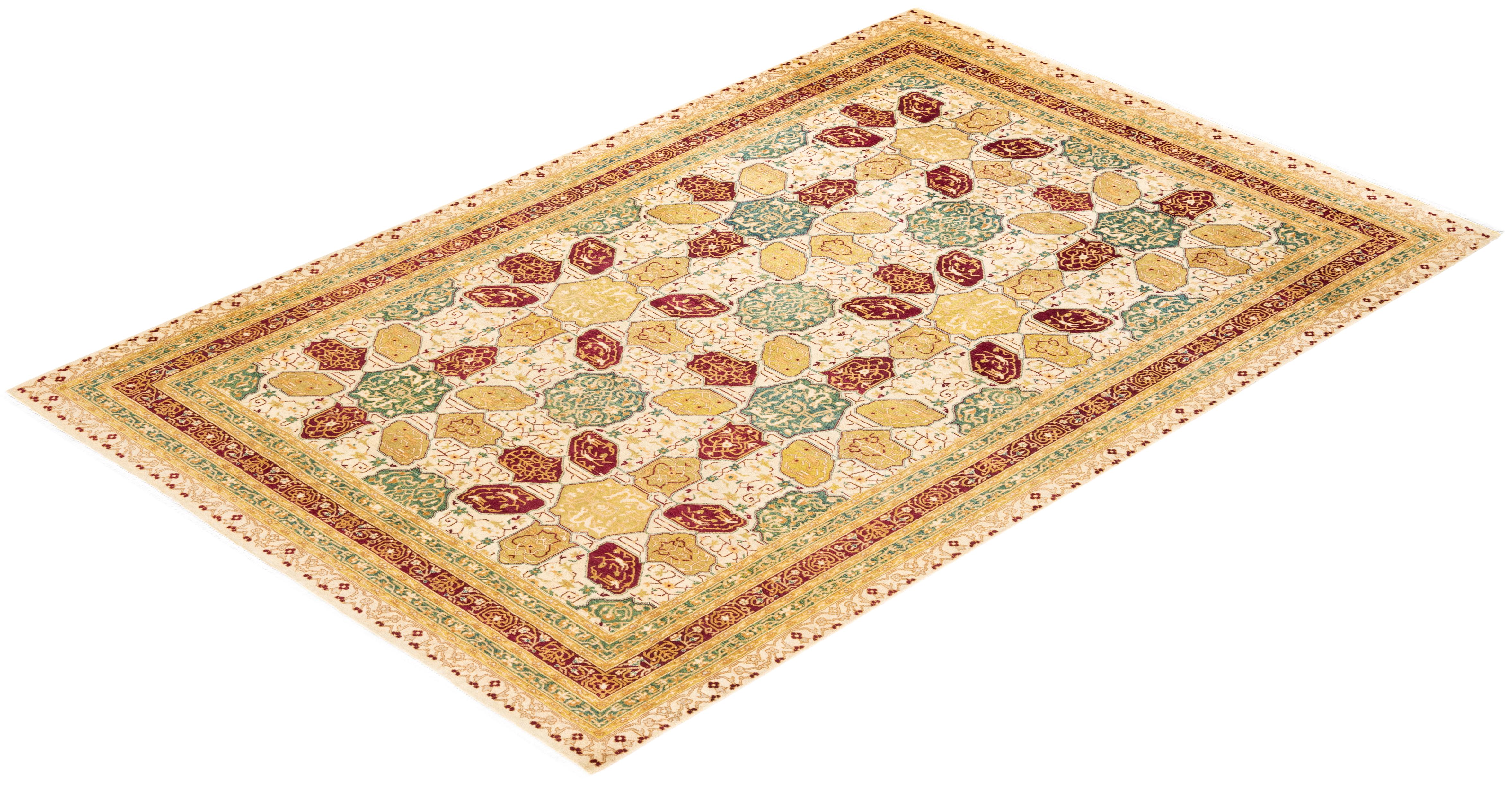 Handgeknüpfter orientalischer Mogul Elfenbeinfarbener Teppich, Unikat im Angebot 2