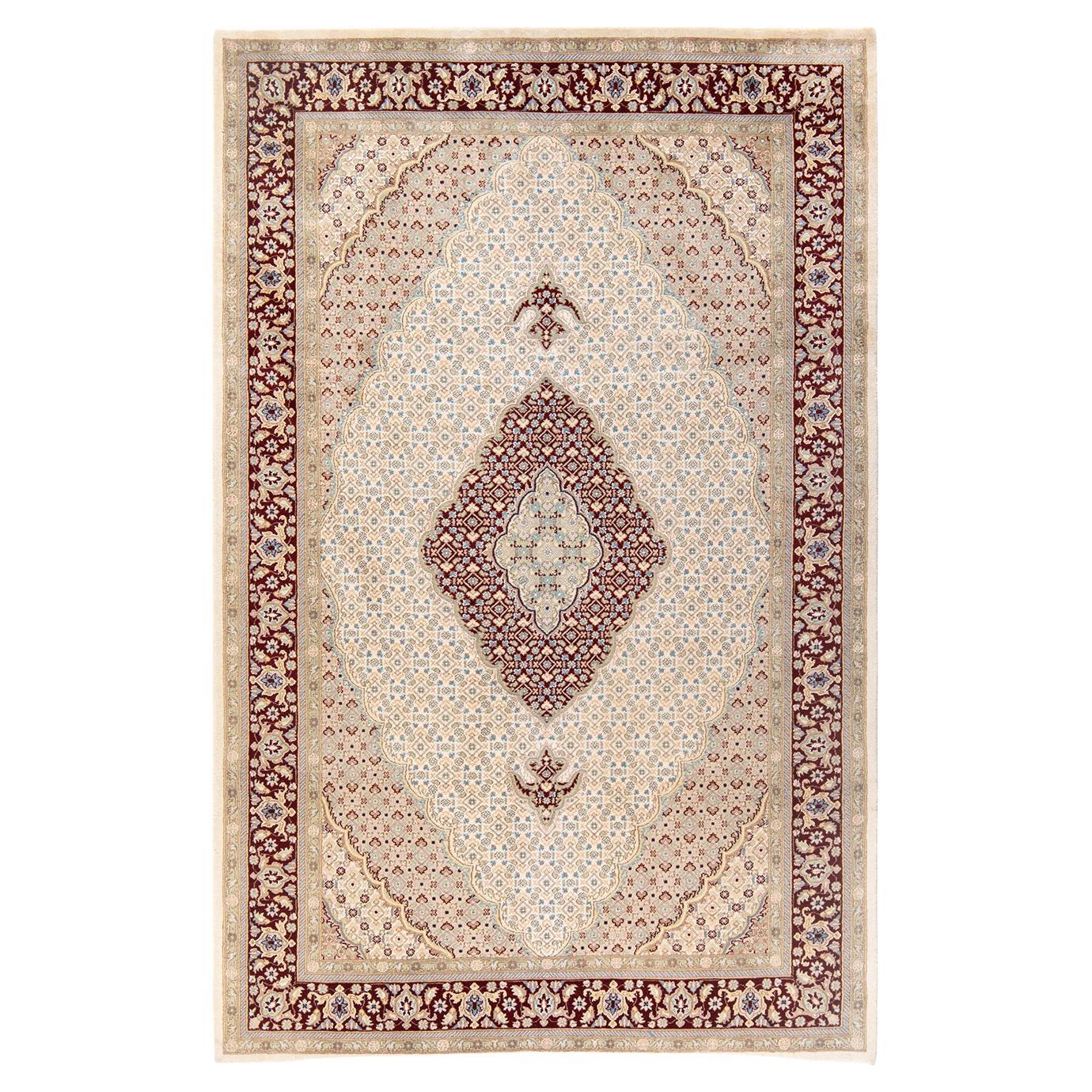 One-Of-A-Kind Hand Knotted Oriental Mogul Ivory Area Rug 6' 1" x 9' 5" For Sale