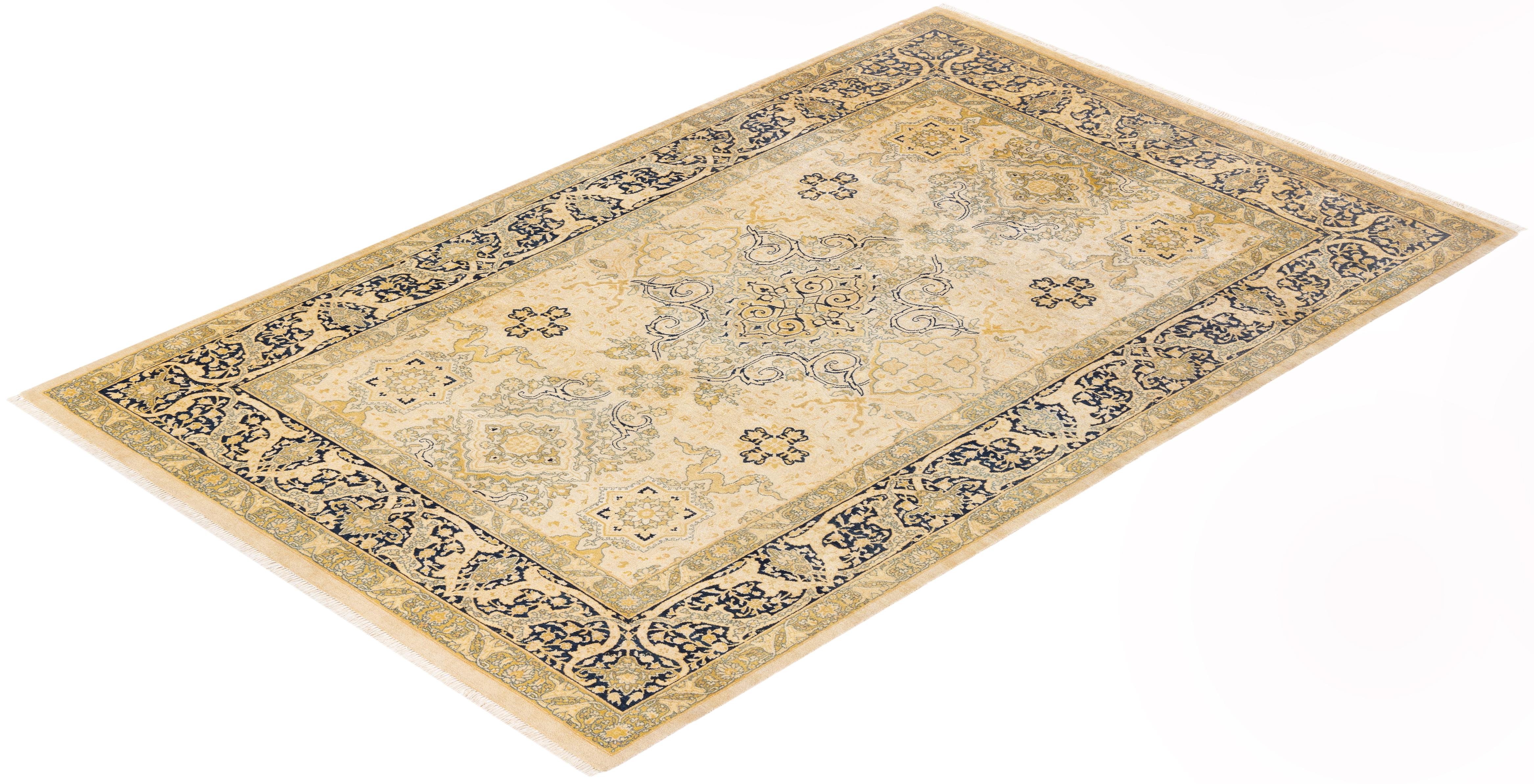 One-Of-A-Kind Hand Knotted Oriental Mogul Ivory Area Rug For Sale 2