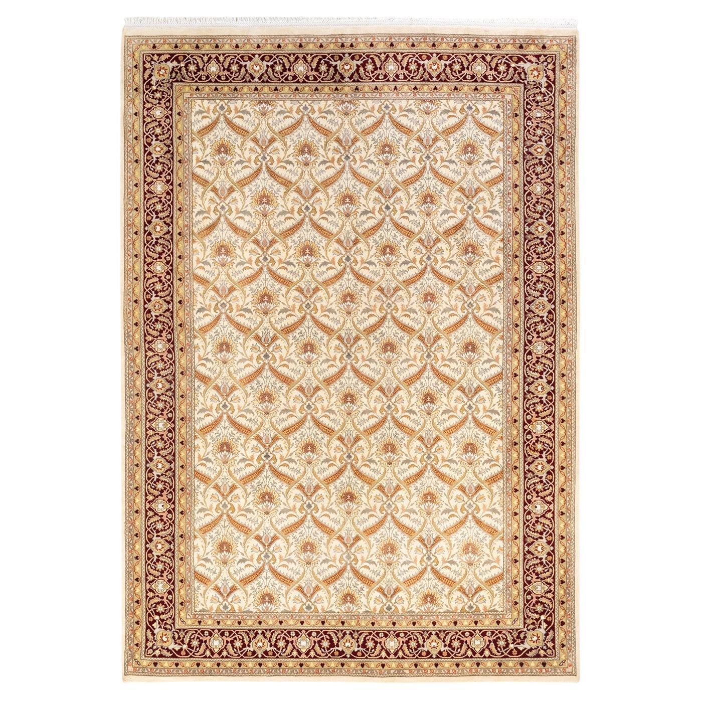 Handgeknüpfter orientalischer Mogul Elfenbeinfarbener Teppich, Unikat im Angebot