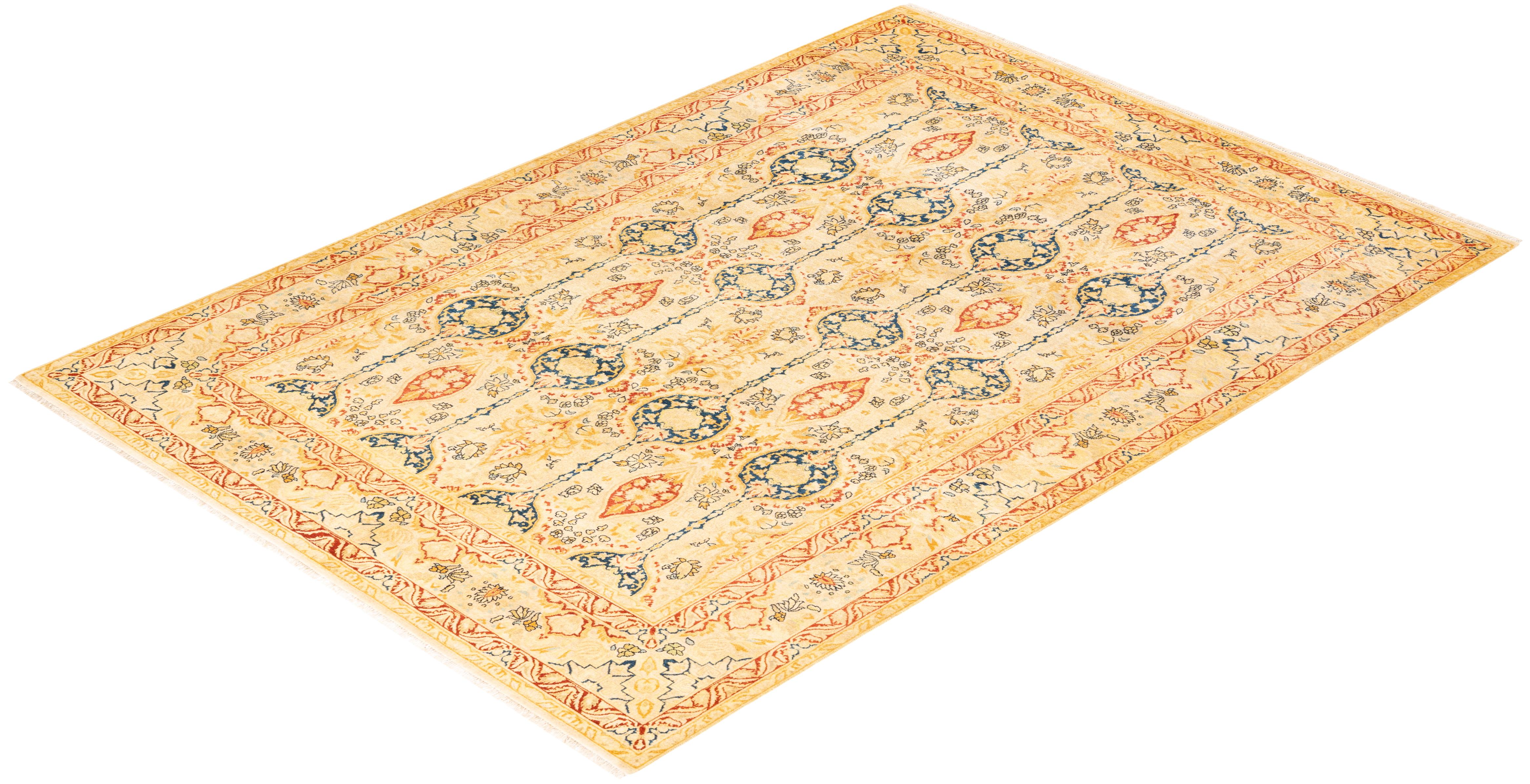 Handgeknüpfter orientalischer Mogul Elfenbeinfarbener Teppich, Unikat im Angebot 2