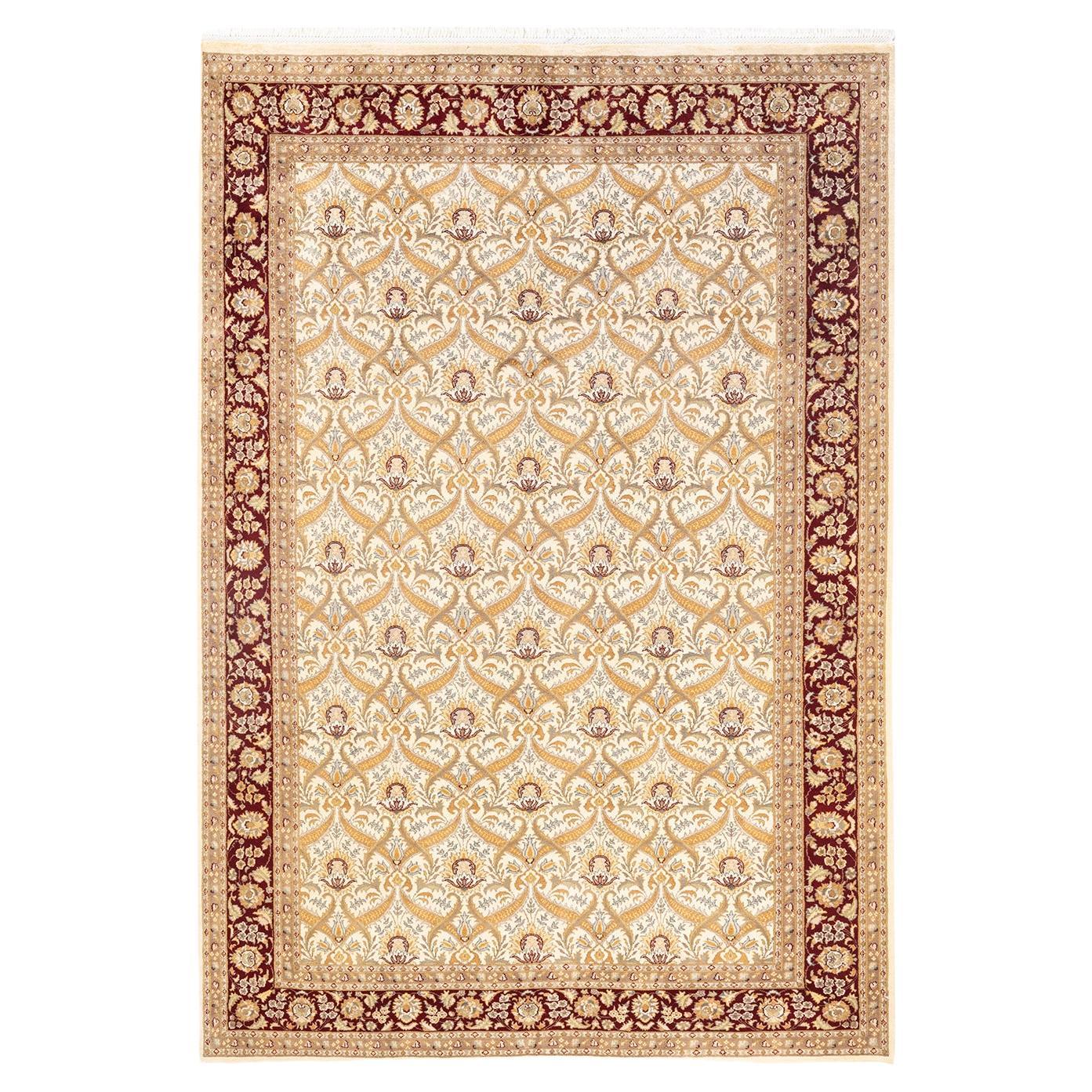 Tapis Oriental Mogul ivoire noué à la main, unique en son genre