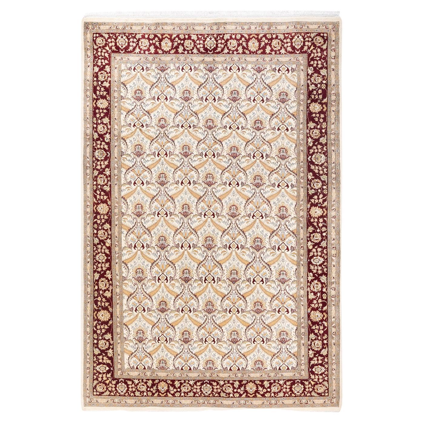 One-Of-A-Kind Hand Knotted Oriental Mogul Ivory Area Rug 6' 2" x 9' 1" For Sale