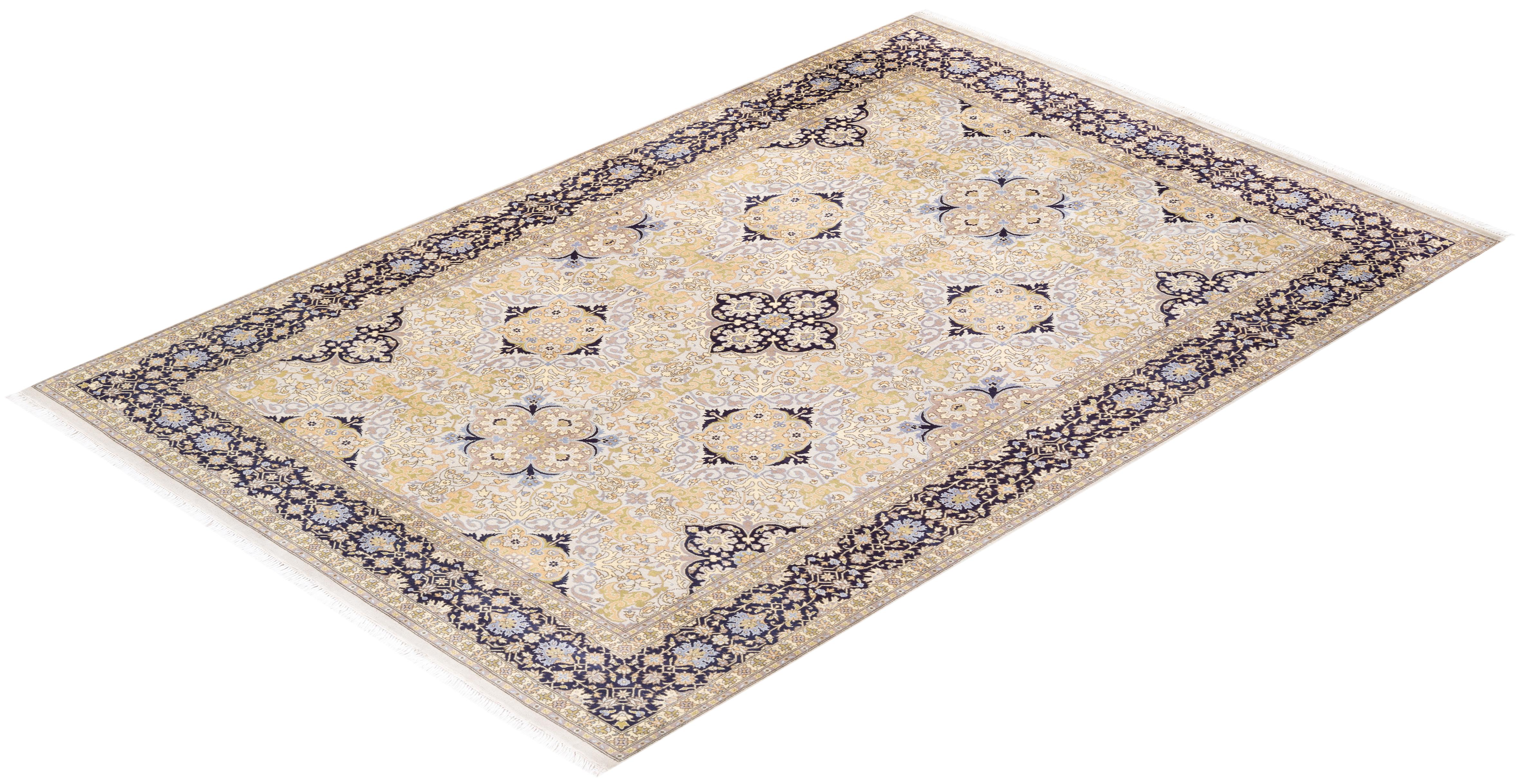 Handgeknüpfter orientalischer Mogul elfenbeinfarbener Teppich in Elfenbein, Unikat im Angebot 2