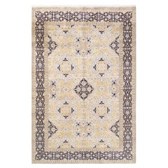 Tapis Oriental Mogul ivoire noué à la main, unique en son genre