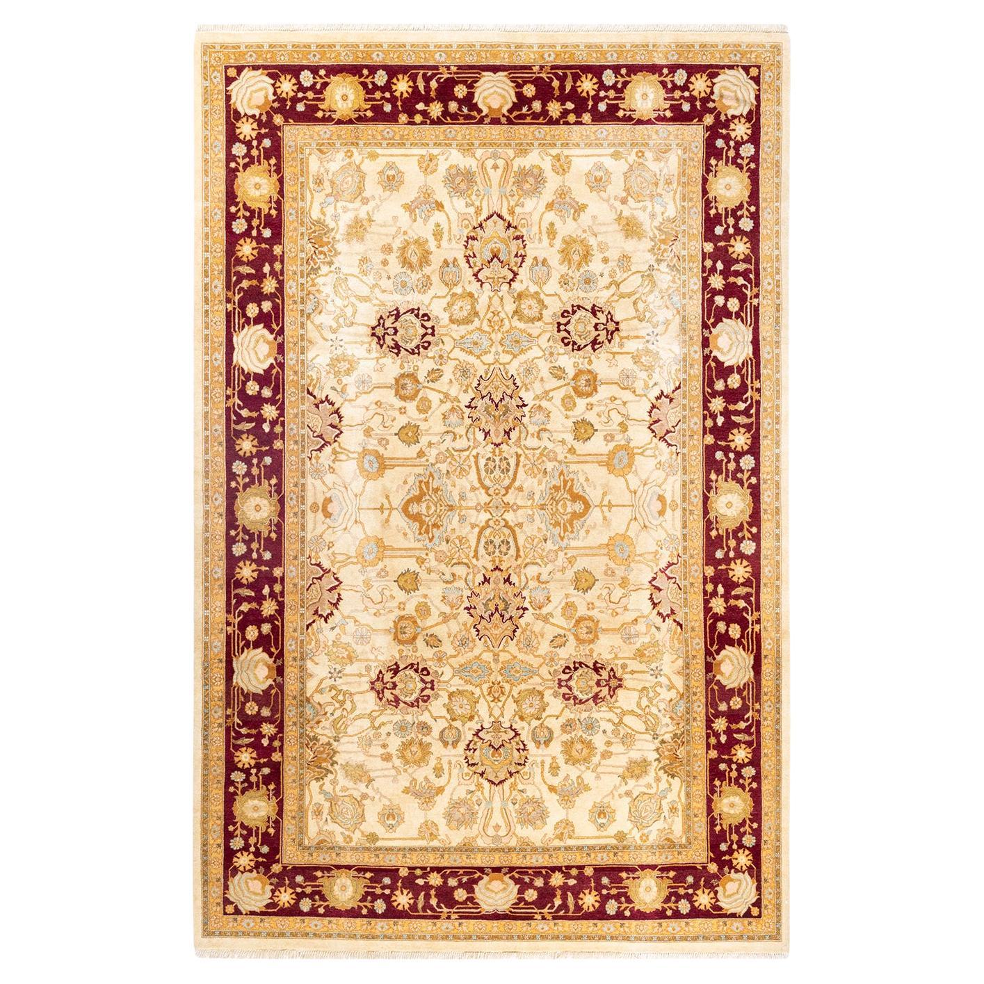 Handgeknüpfter orientalischer Mogul elfenbeinfarbener Teppich in Elfenbein, Unikat