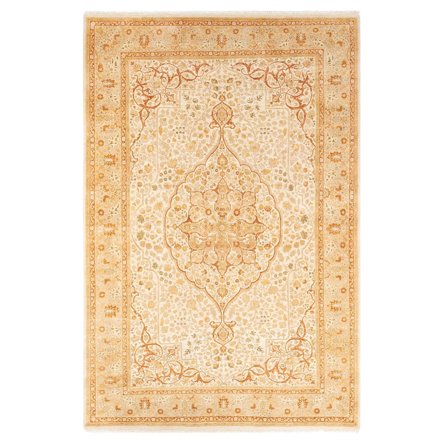 One-Of-A-Kind Hand Knotted Oriental Mogul Ivory Area Rug 6' 2" x 9' 4" For Sale