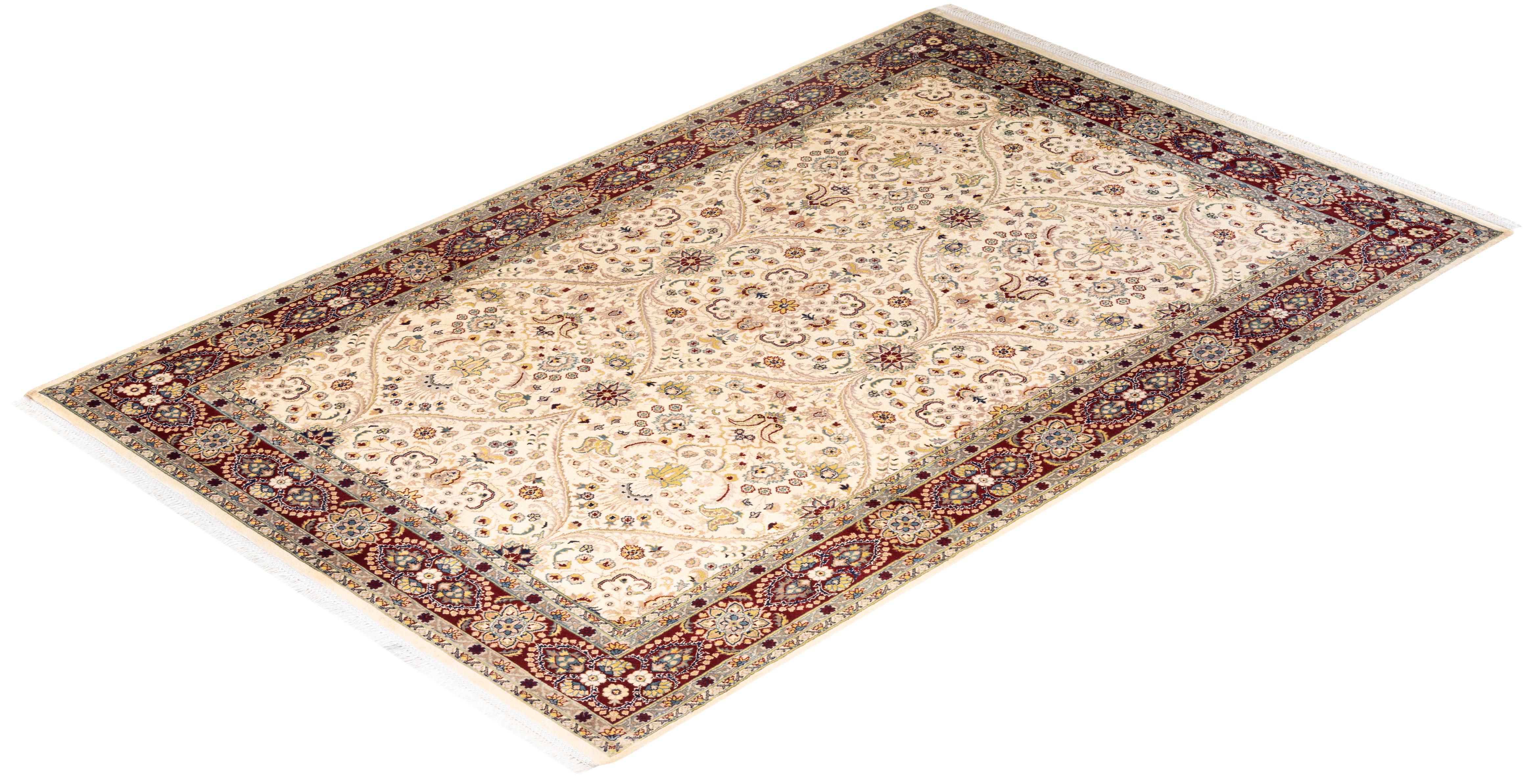 Handgeknüpfter orientalischer Mogul elfenbeinfarbener Teppich in Elfenbein, Unikat im Angebot 2