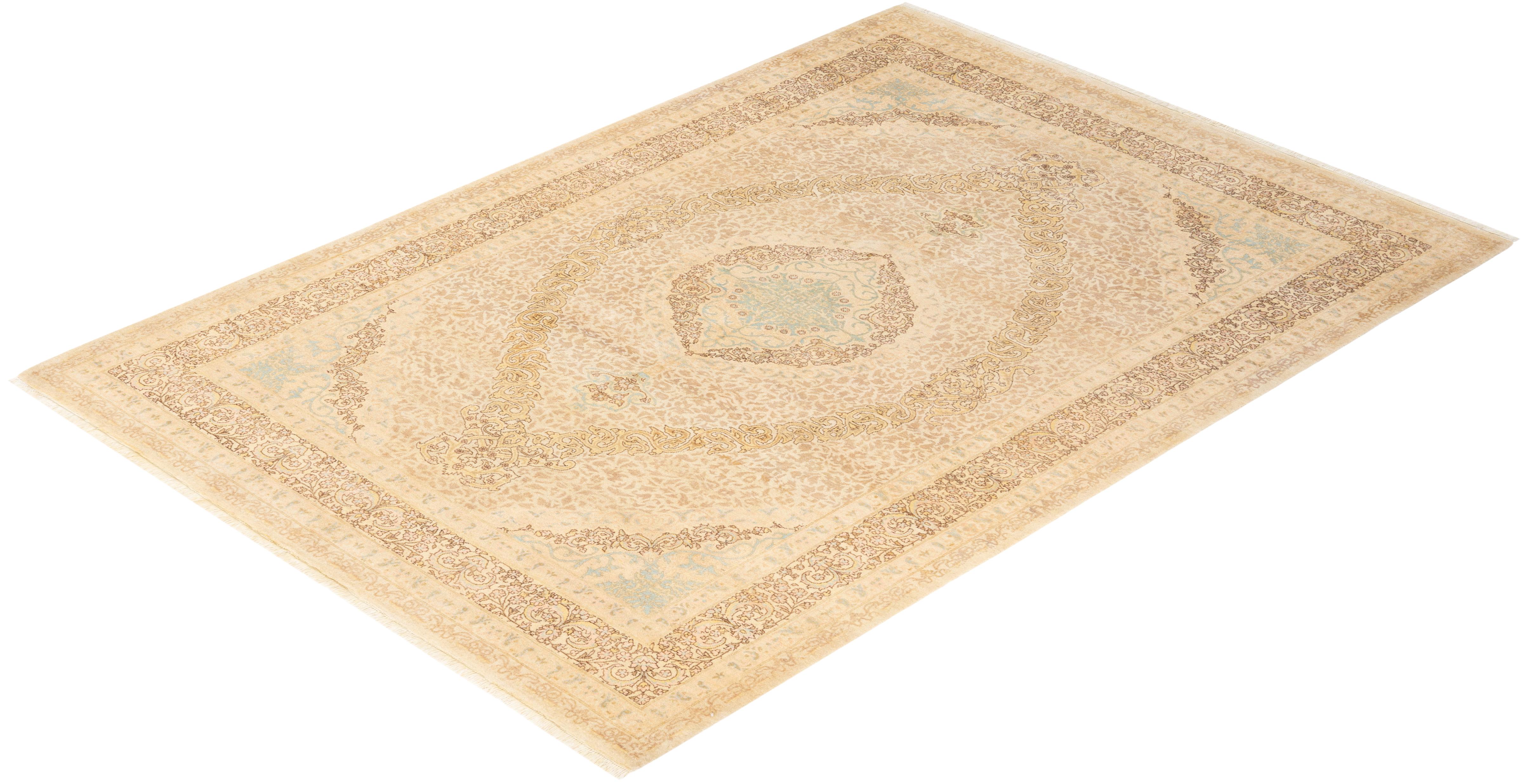 One-of-a-Kind Hand Knotted Oriental Mogul Ivory Area Rug For Sale 2