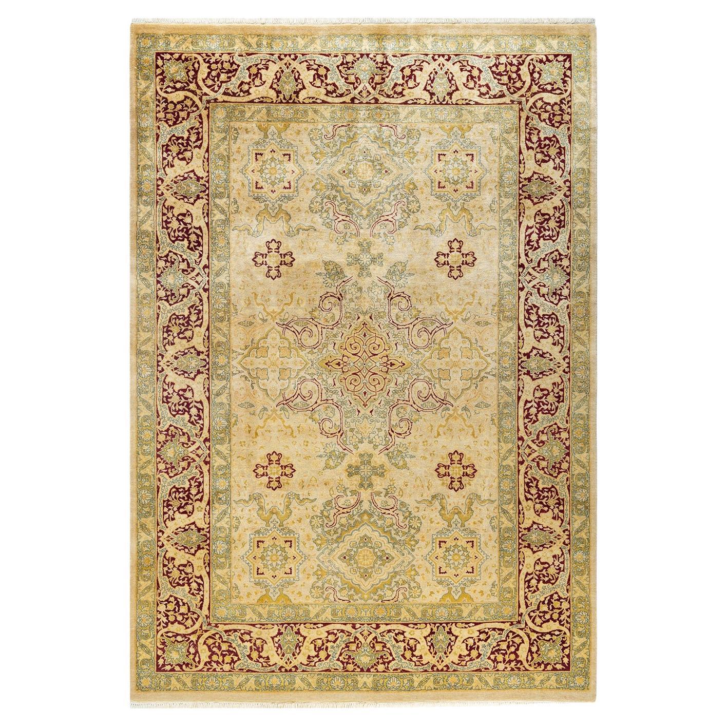 One-of-a-Kind Hand Knotted Oriental Mogul Ivory Area Rug 6' 3" x 8' 10" For Sale