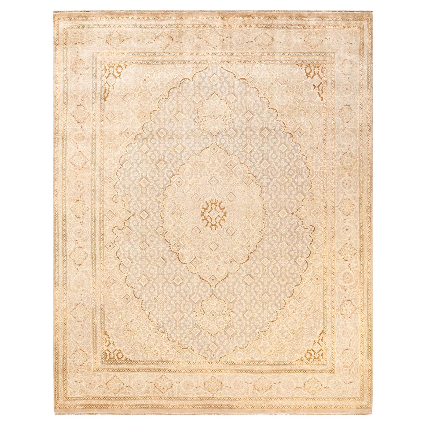 Handgeknüpfter orientalischer Mogul elfenbeinfarbener Teppich in Elfenbein, Unikat