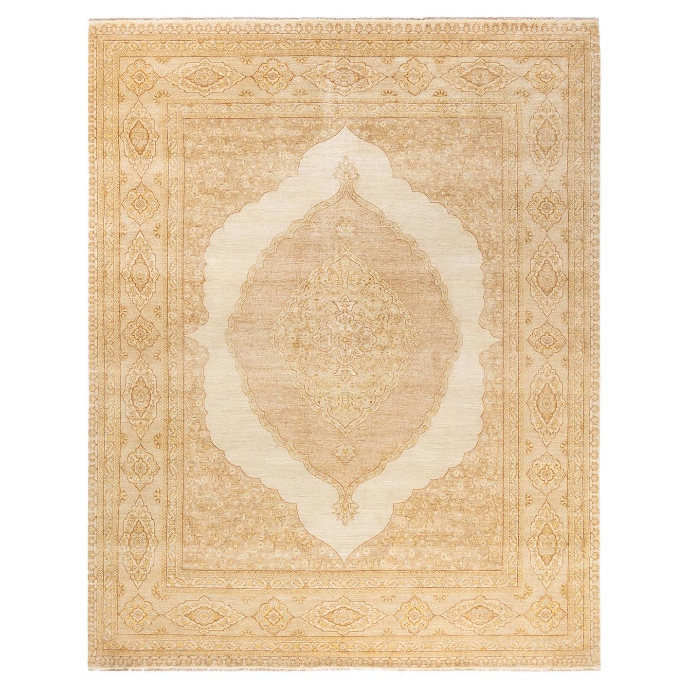 Tapis Oriental Mogul ivoire noué à la main, unique en son genre