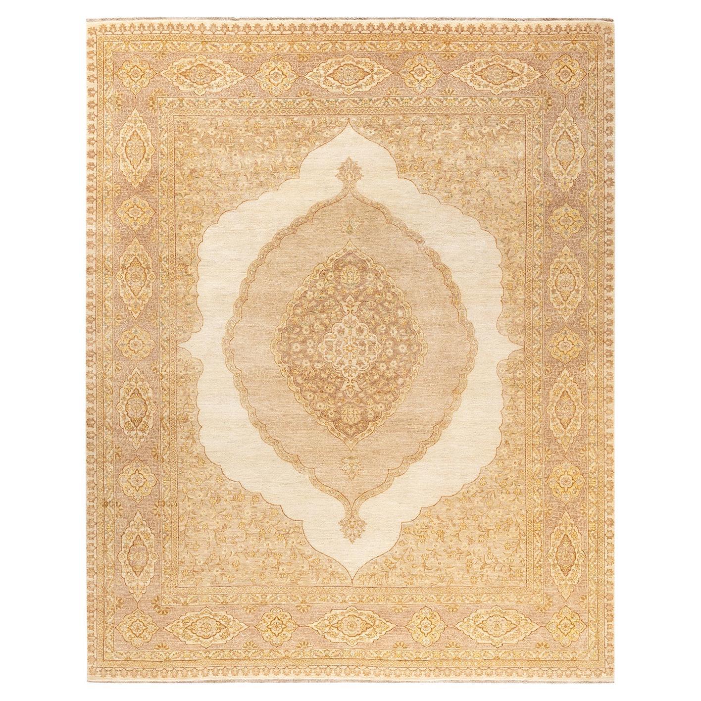 Tapis Oriental Mogul ivoire noué à la main, unique en son genre