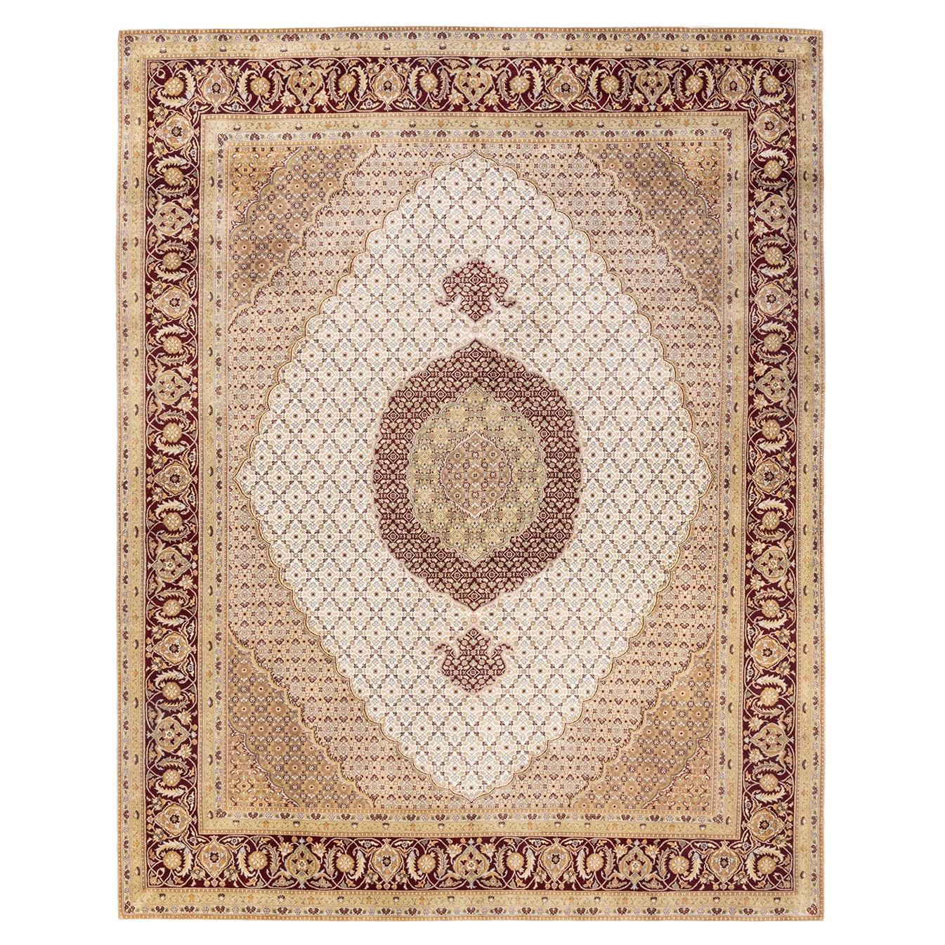 Tapis Oriental Mogul ivoire noué à la main, unique en son genre