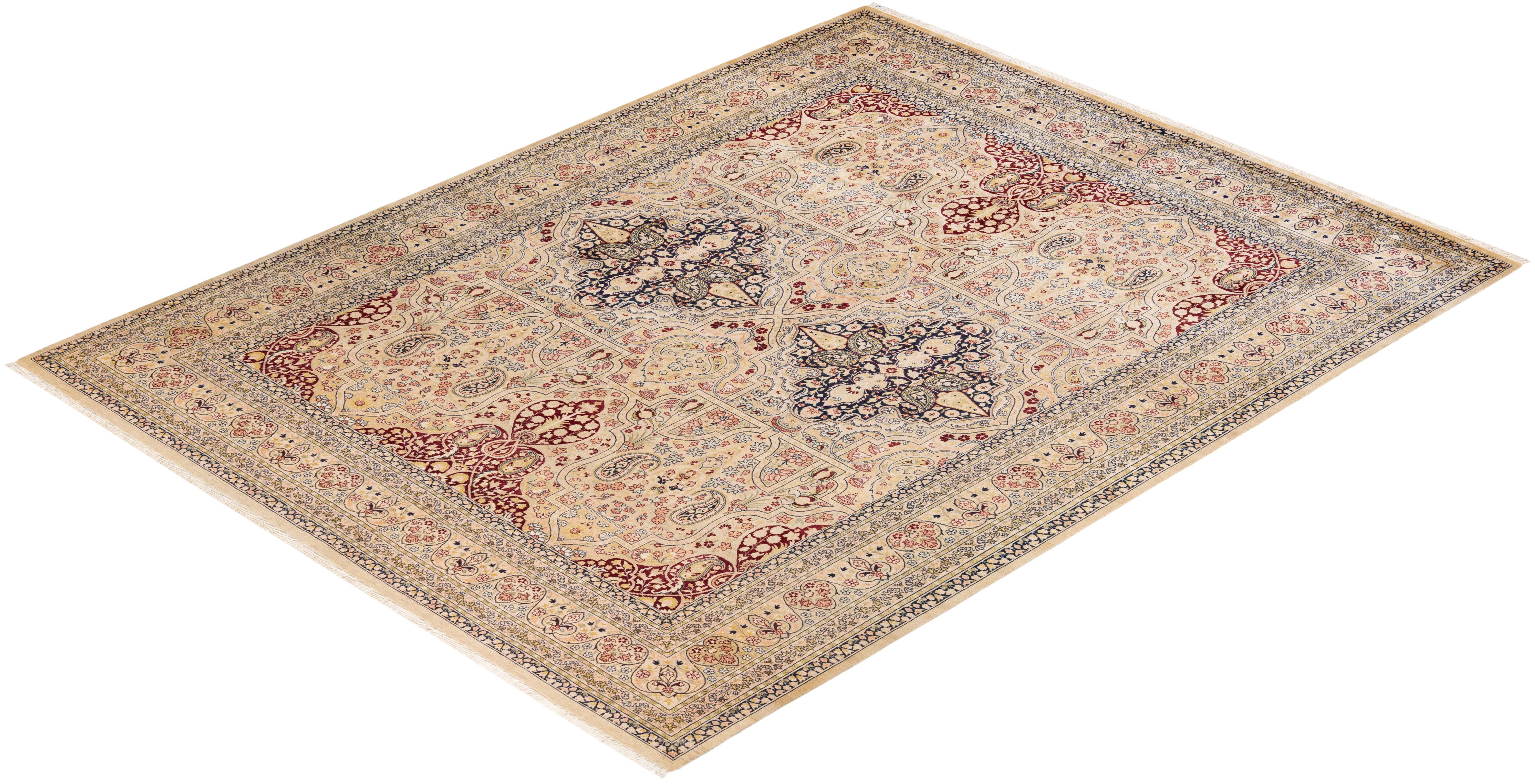 Handgeknüpfter orientalischer Mogul Elfenbeinfarbener Teppich, Unikat im Angebot 2