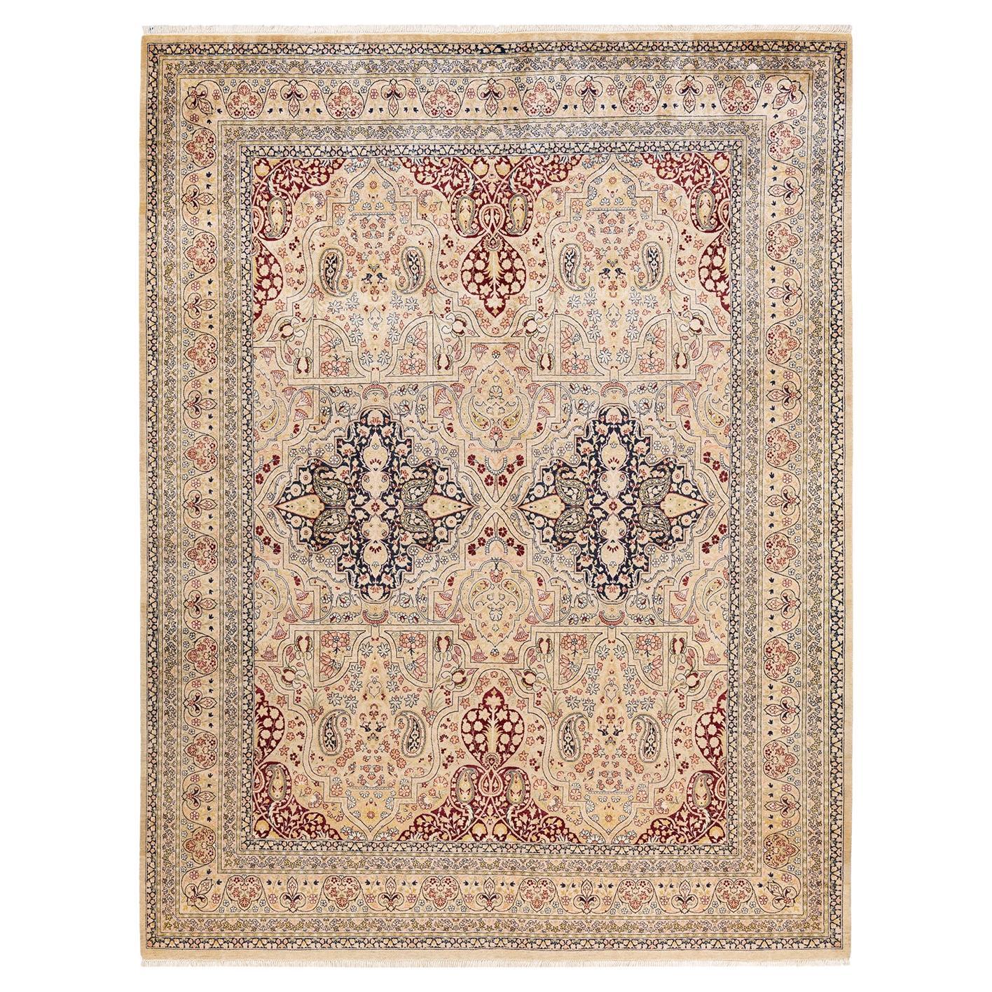 Handgeknüpfter orientalischer Mogul Elfenbeinfarbener Teppich, Unikat