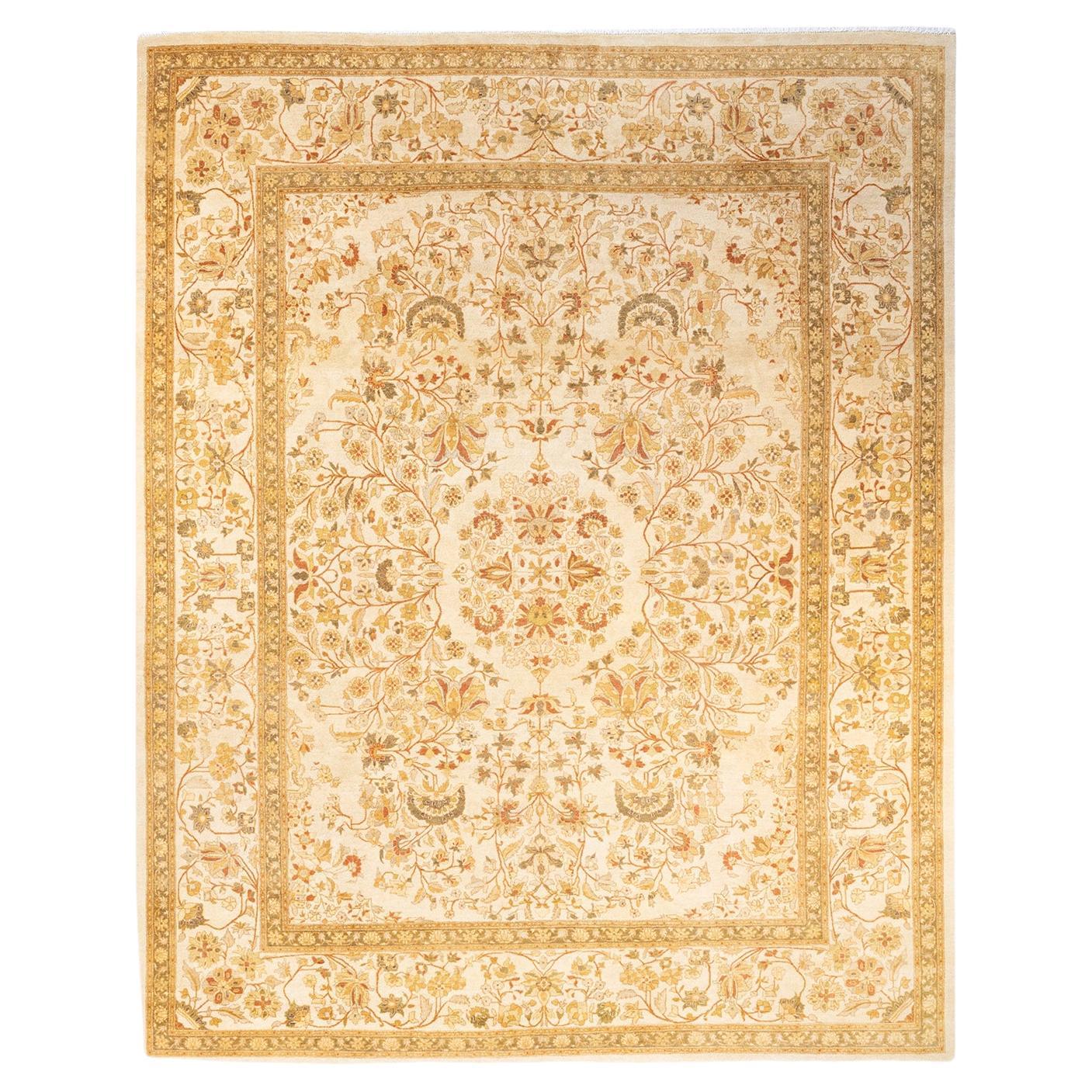 Handgeknüpfter orientalischer Mogul elfenbeinfarbener Teppich in Elfenbein, Unikat