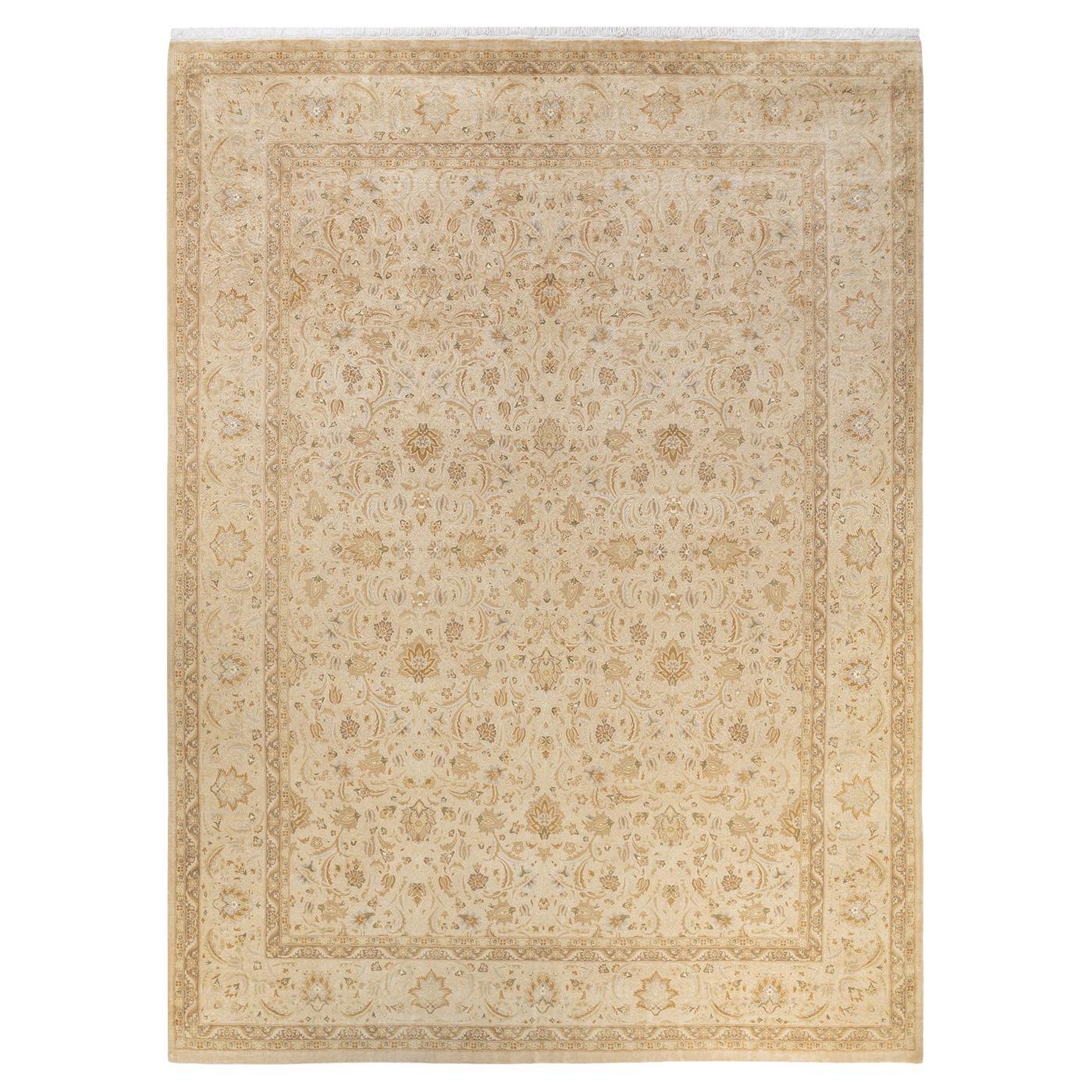 Einzigartiger handgeknüpfter orientalischer Mogul Elfenbeinfarbener Teppich, 2,74 m x 3,66 m, Unikat im Angebot