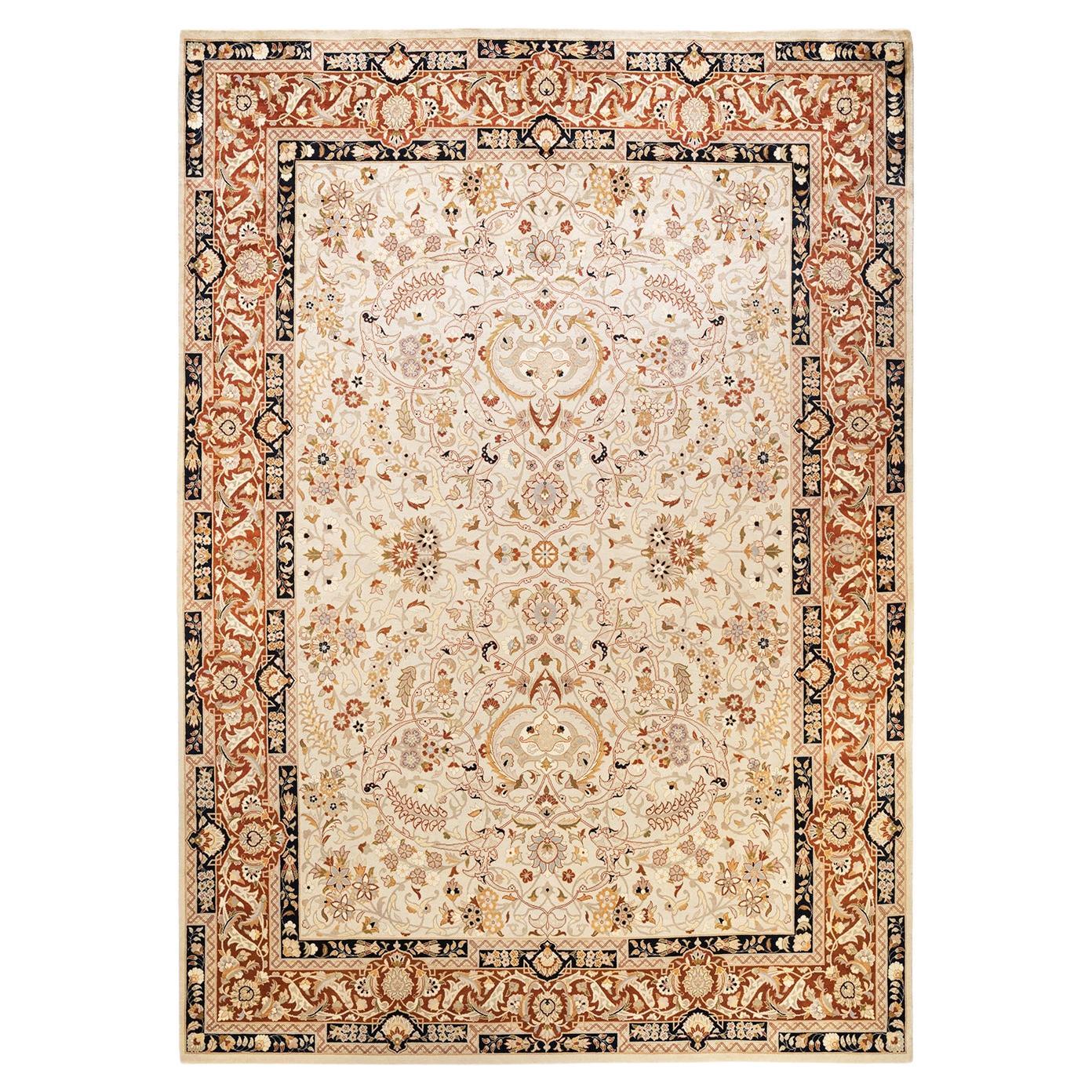 One-of-a-Kind Hand Knotted Oriental Mogul Ivory Area Rug 9' 0" x 12' 5" For Sale