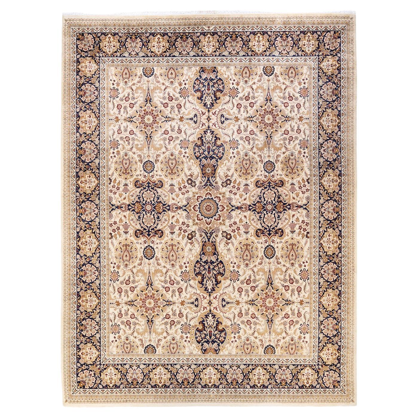 Tapis Oriental Mogul ivoire noué à la main, unique en son genre