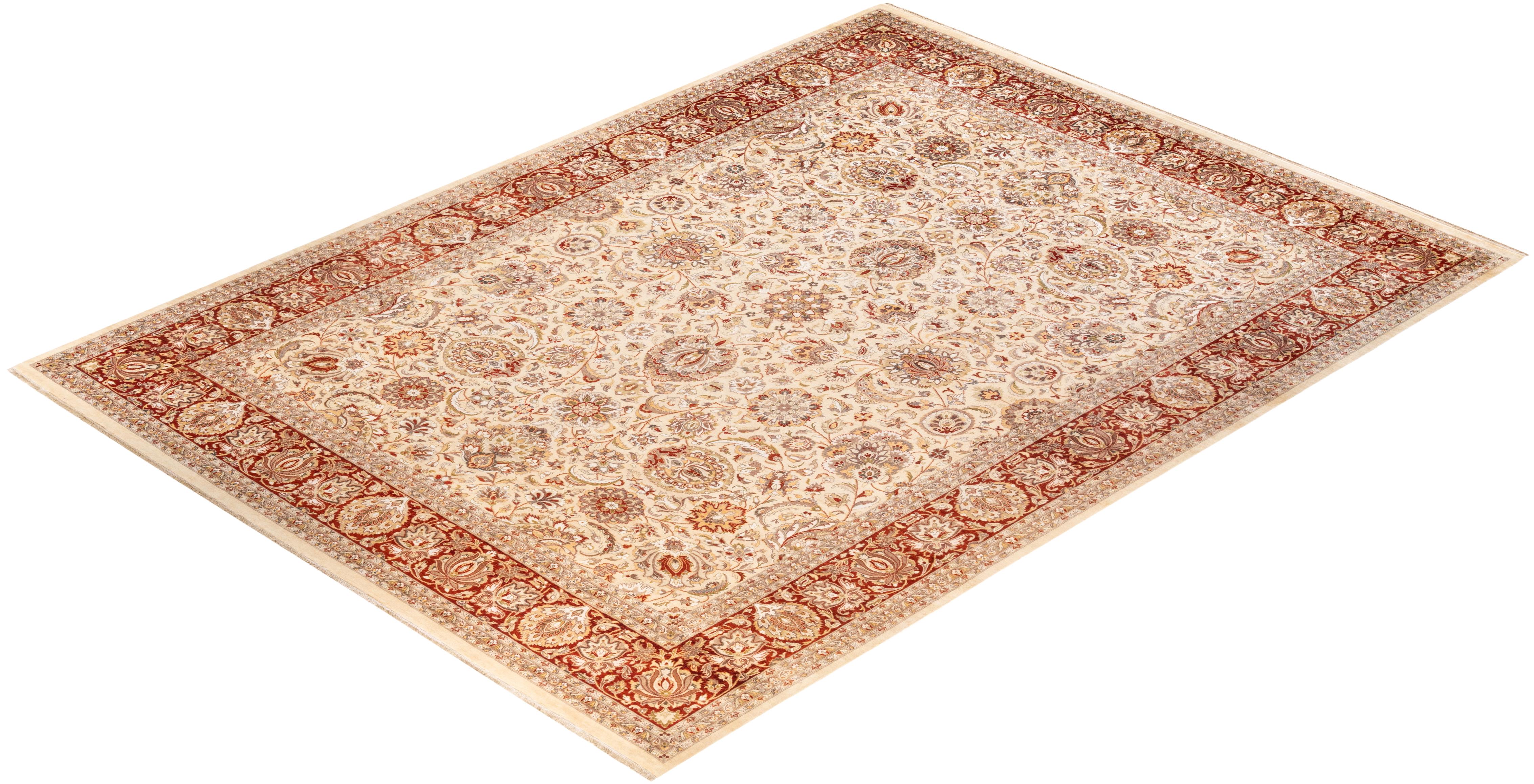 Handgeknüpfter orientalischer Mogul elfenbeinfarbener Teppich in Elfenbein, Unikat im Angebot 2