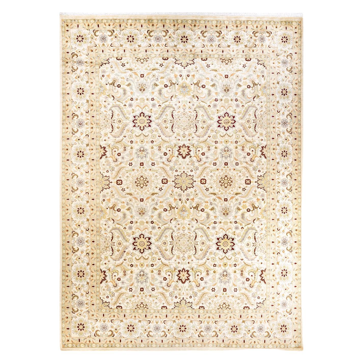 Tapis Oriental Mogul ivoire noué à la main, unique en son genre