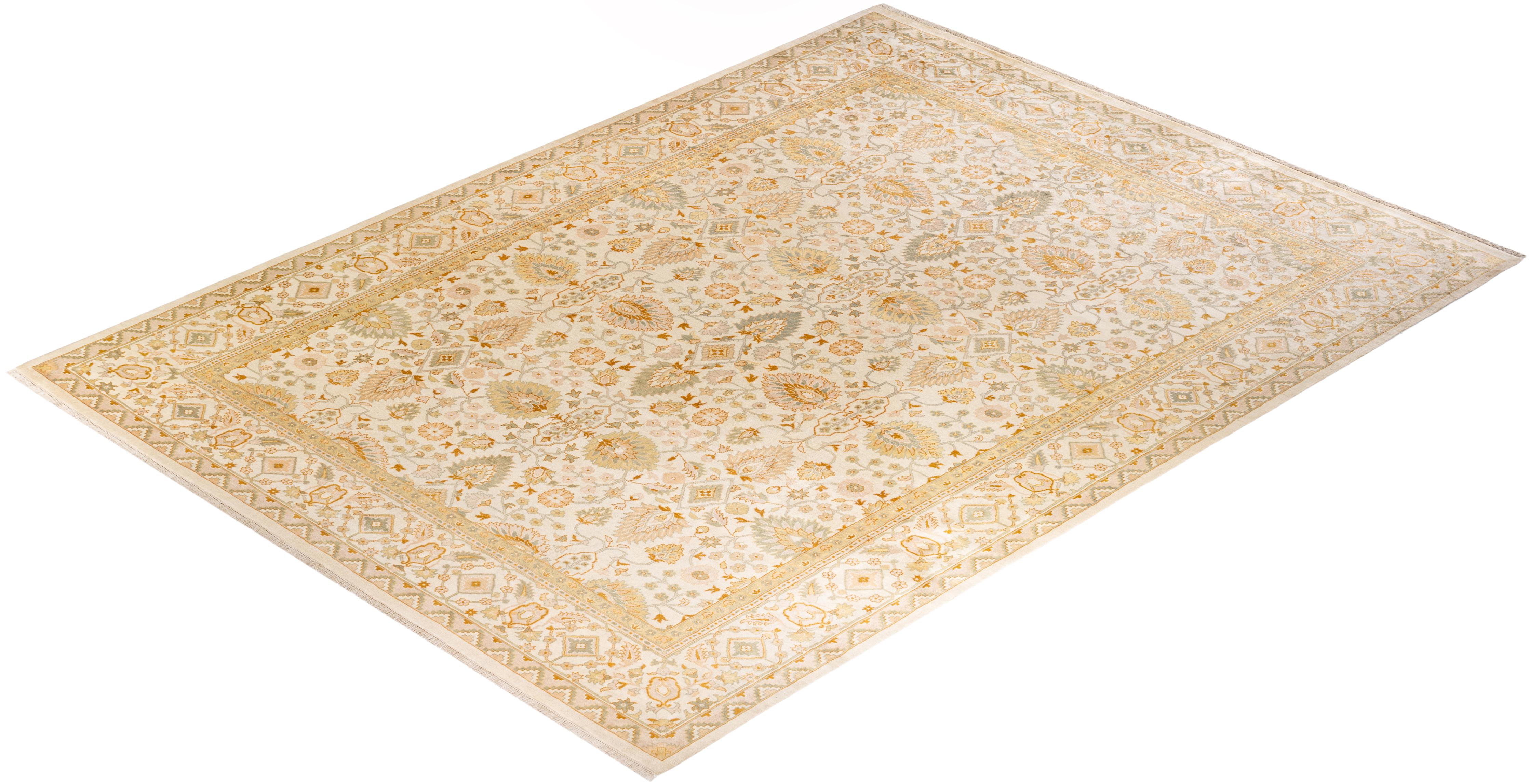 Handgeknüpfter orientalischer Mogul Elfenbeinfarbener Teppich, Unikat im Angebot 2