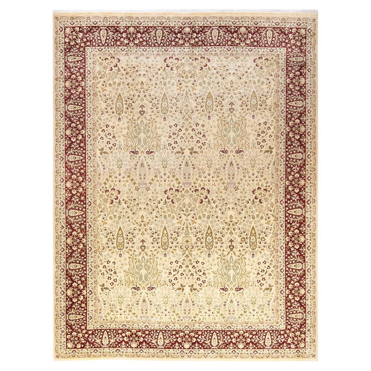 Handgeknüpfter orientalischer Mogul Elfenbeinfarbener Teppich, Unikat