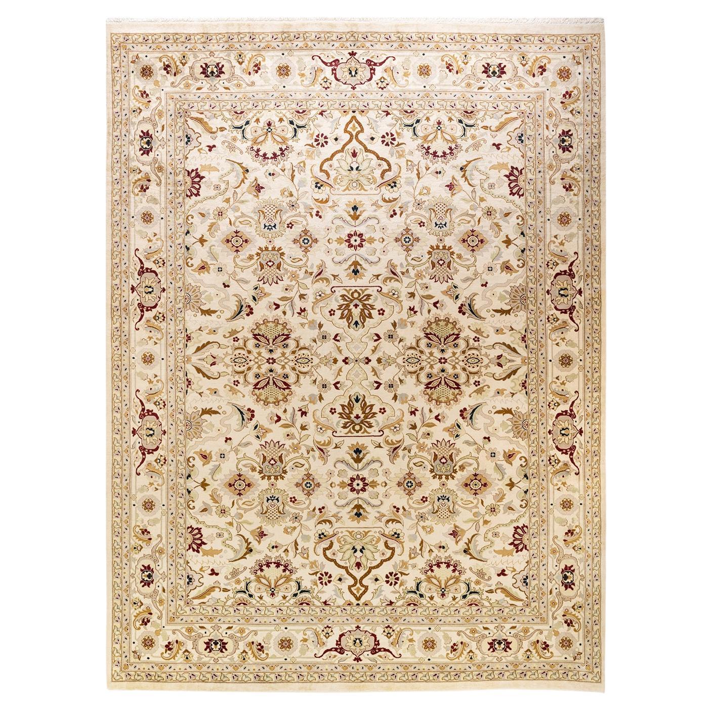 One-Of-A-Kind Hand Knotted Oriental Mogul Ivory Area Rug 9' 3" x 12' 3" For Sale