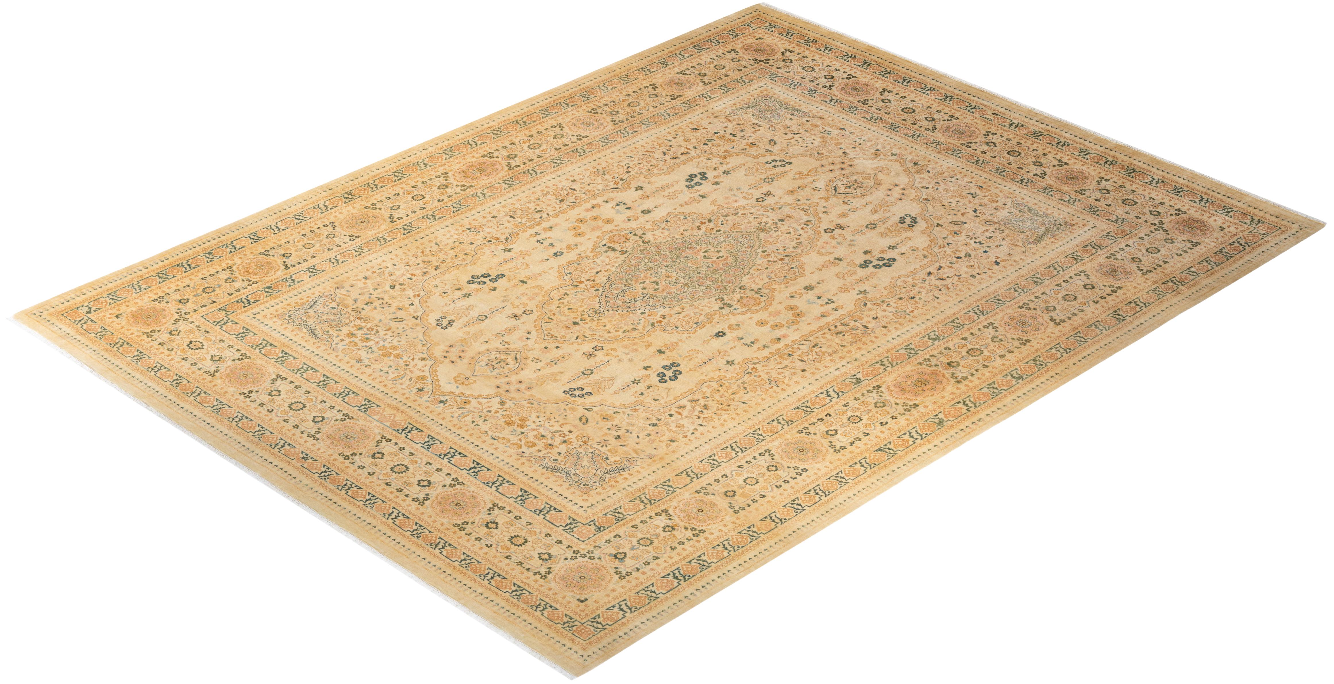 Handgeknüpfter orientalischer Mogul Elfenbeinfarbener Teppich, Unikat im Angebot 2