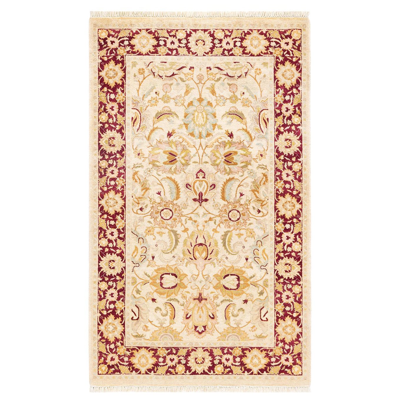 Handgeknüpfter orientalischer Mogul Elfenbeinfarbener Teppich, Unikat
