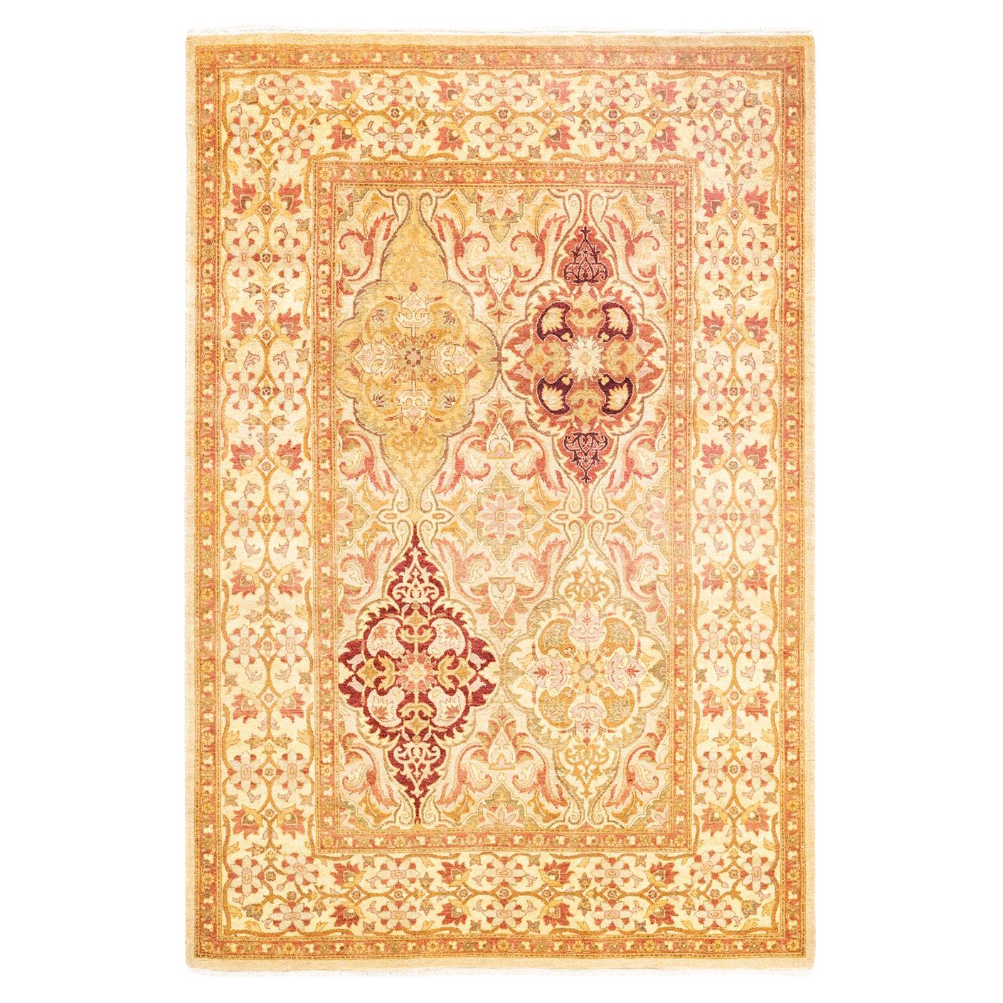 Handgeknüpfter orientalischer Mogul Elfenbeinfarbener Teppich, Unikat