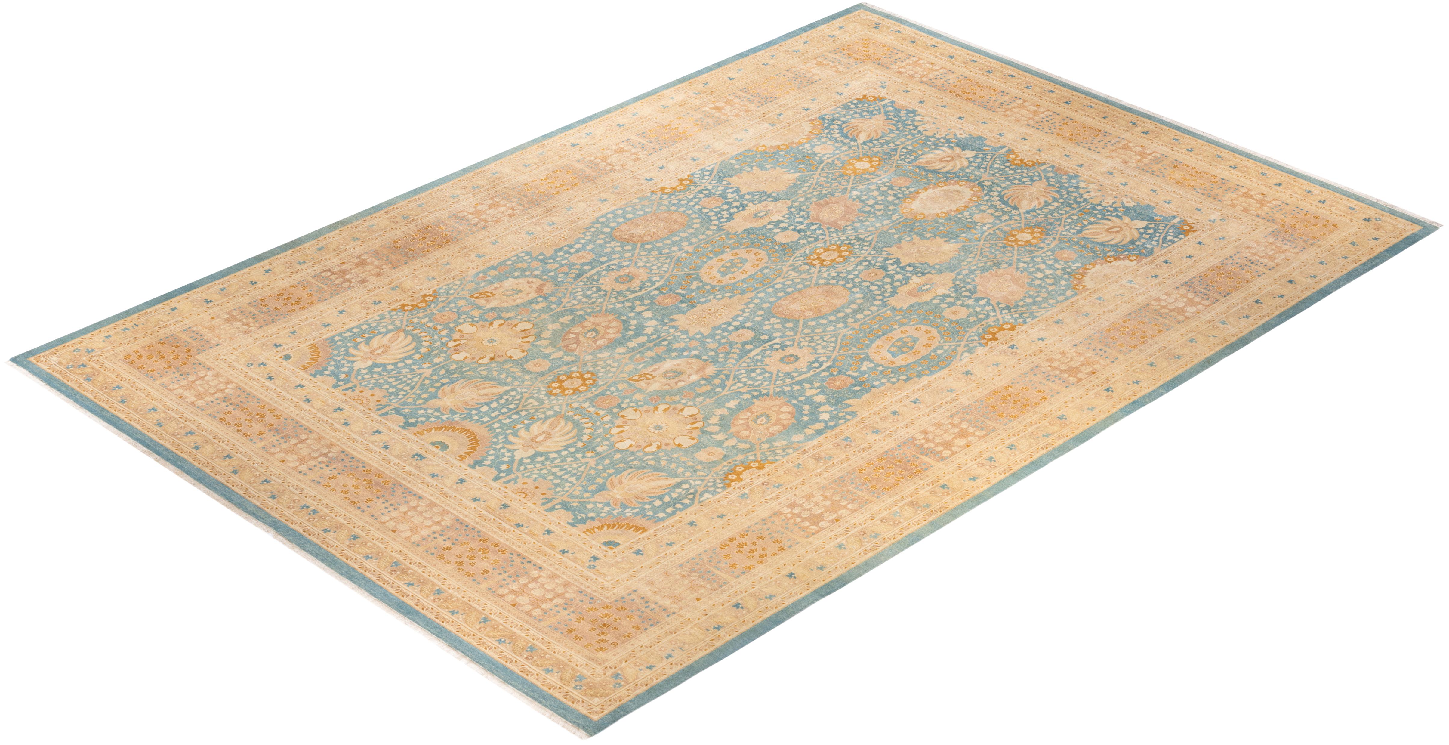 Handgeknüpfter orientalischer Mogul-Teppich in Hellblau, Unikat im Angebot 2