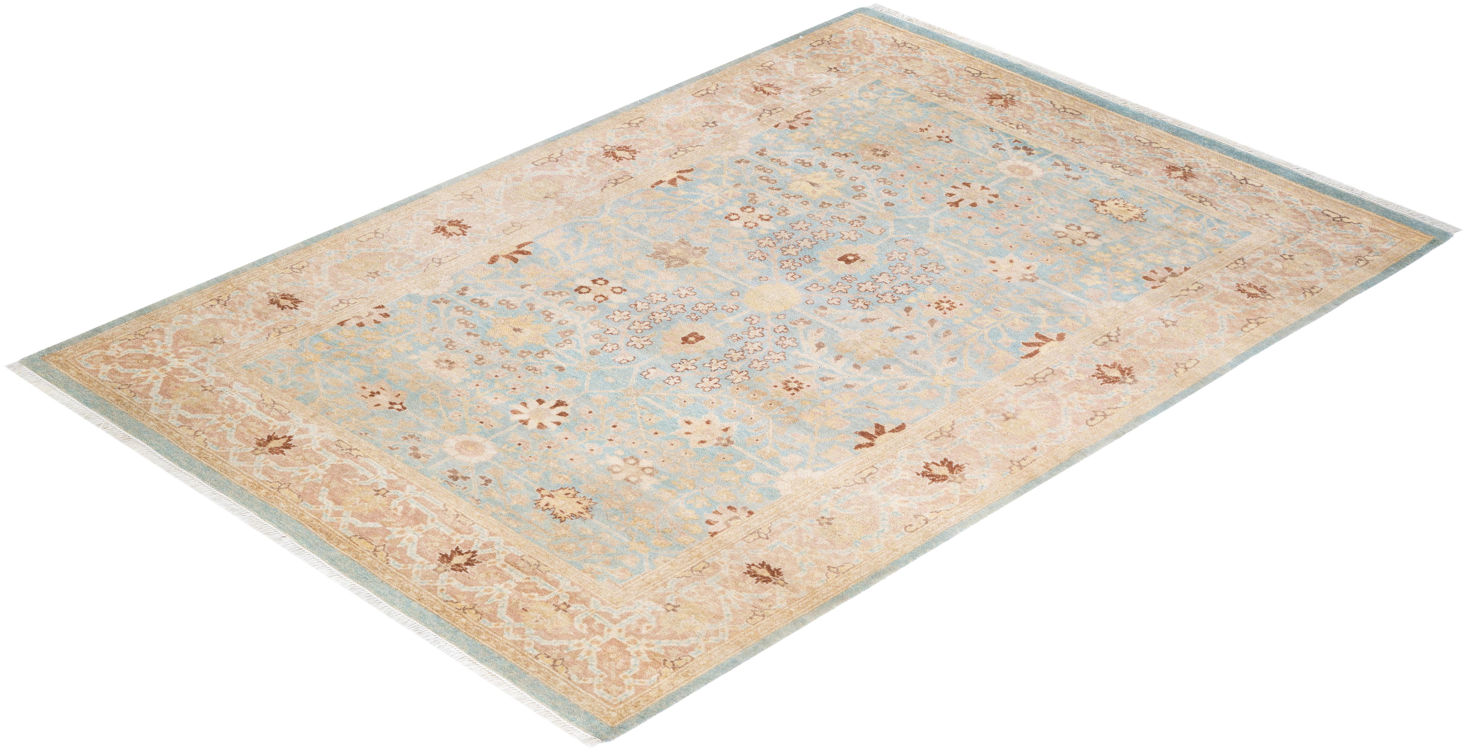 Tapis unique Oriental Mogul bleu clair noué à la main de 4' 3
