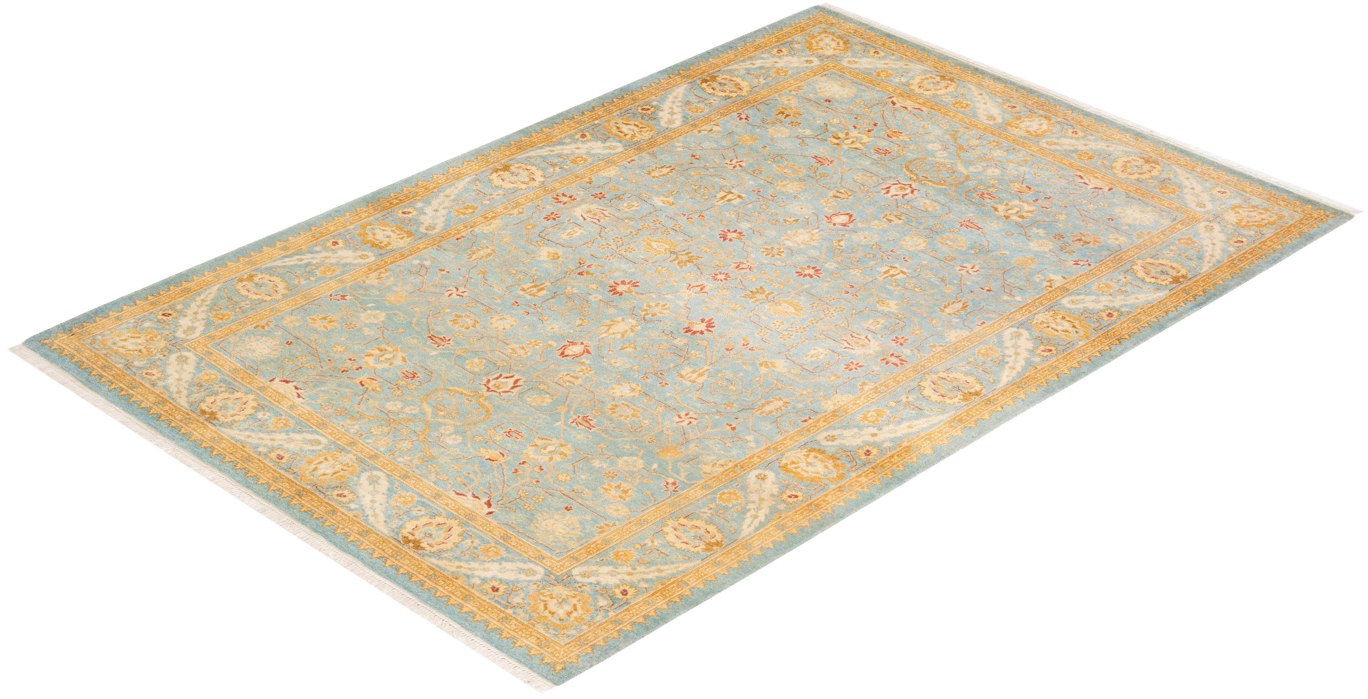 Handgeknüpfter orientalischer Mogul-Teppich in Hellblau, Unikat im Angebot 2