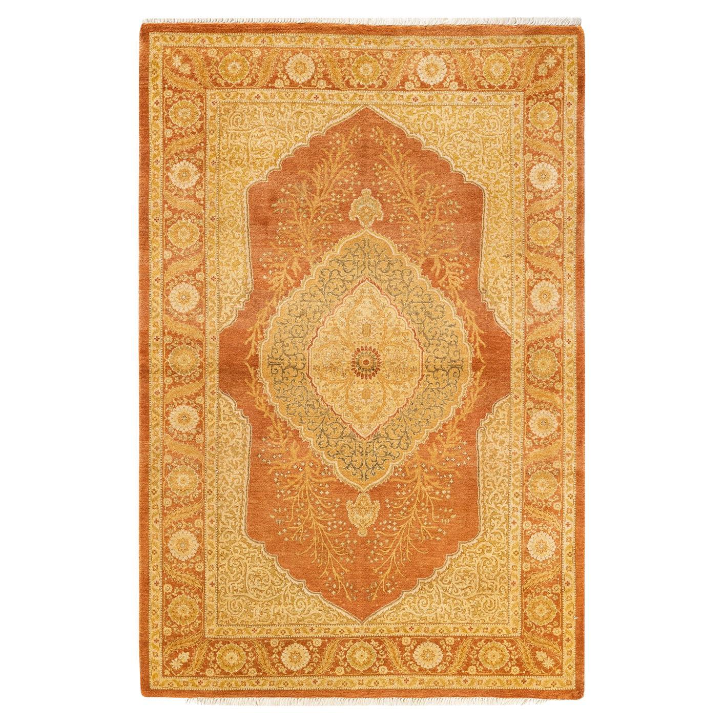 One-Of-A-Kind Hand Knotted Oriental Mogul Orange Area Rug 4' 2" x 6' 2" For Sale