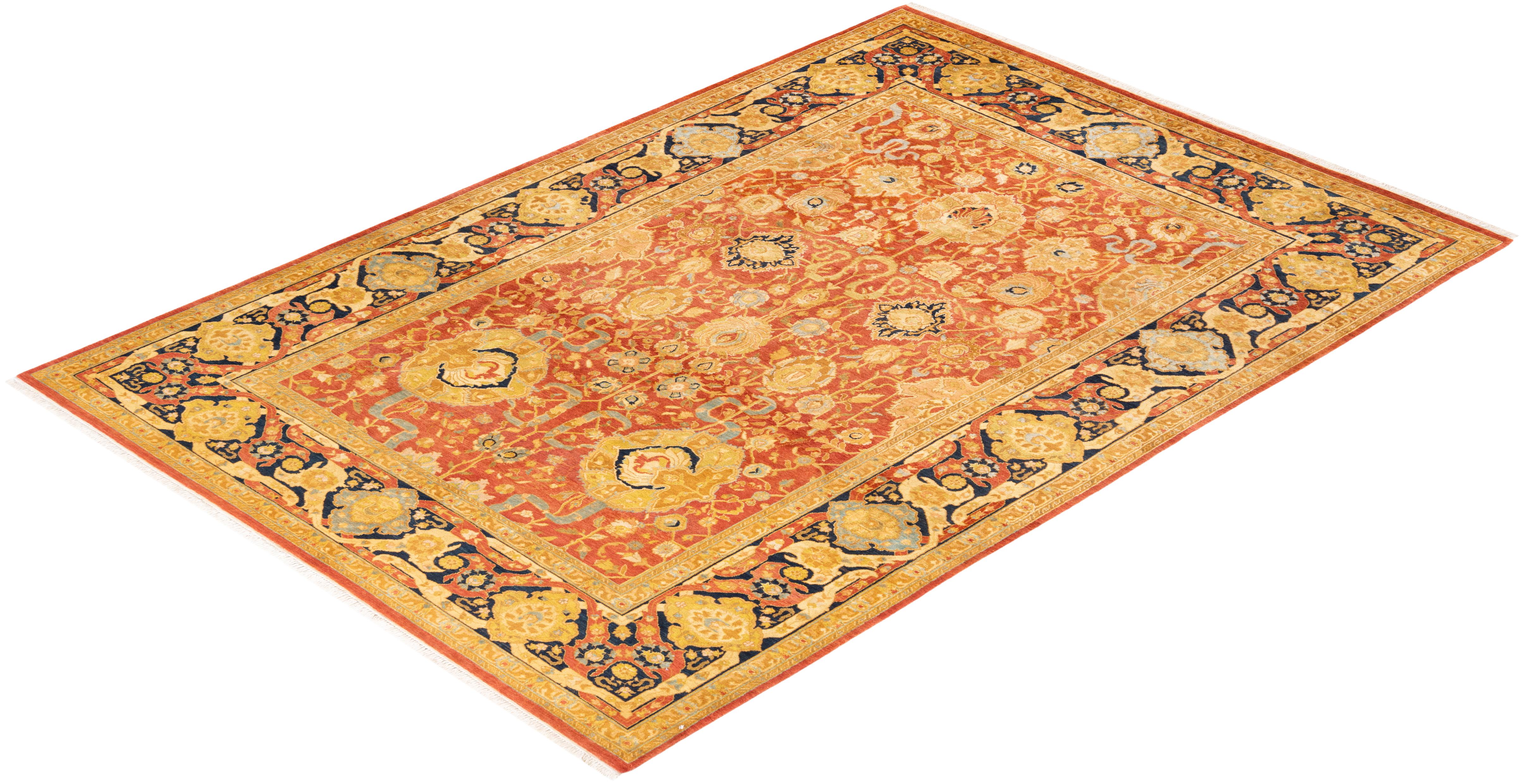 Handgeknüpfter orientalischer Mogul-Teppich in Orange, Unikat im Angebot 2