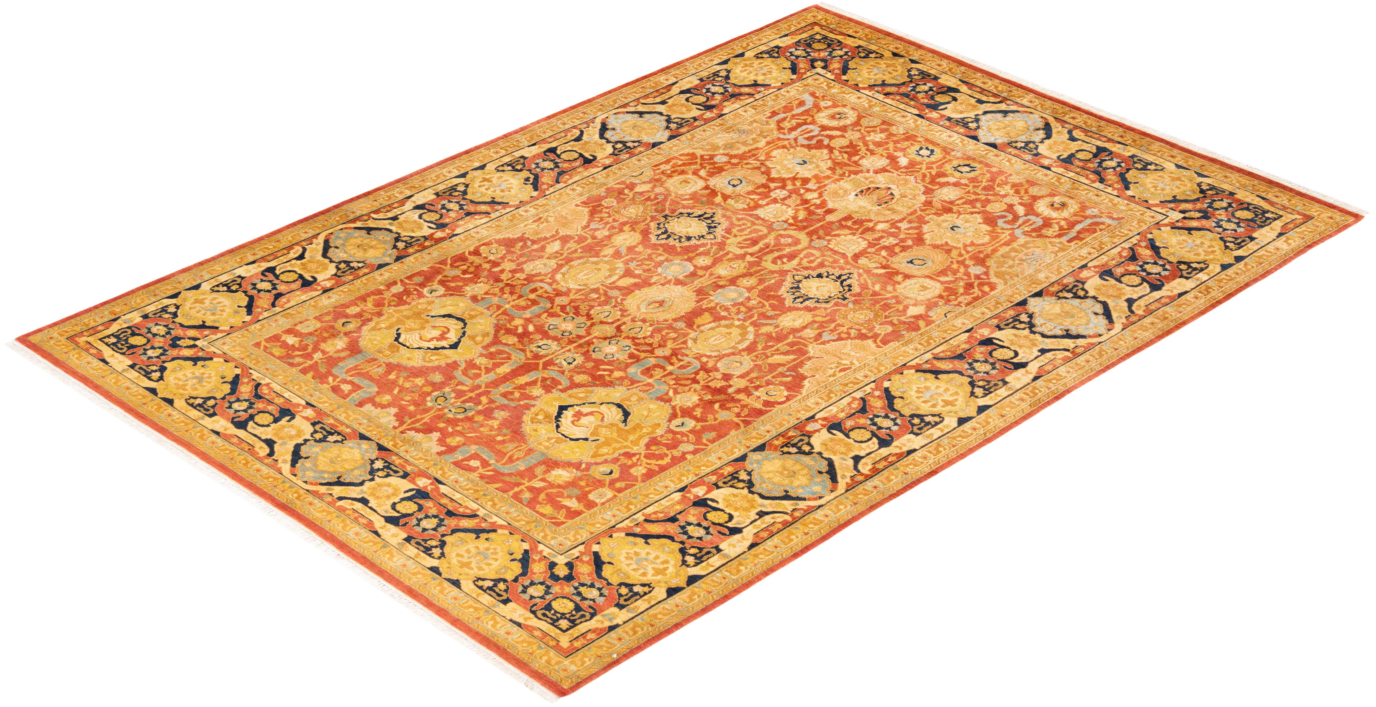 One-of-a-kind Hand Knotted Oriental Mogul Orange Area Rug For Sale 2