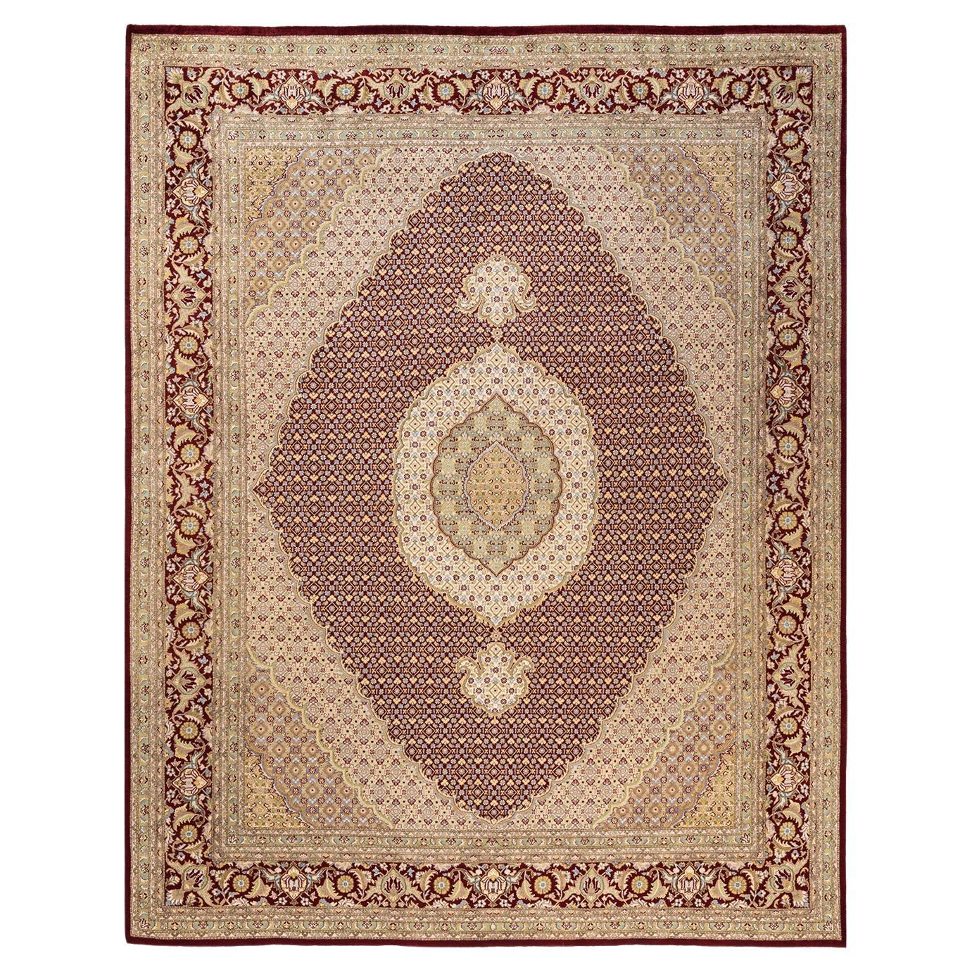 Tapis rouge moghol oriental noué à la main, unique en son genre