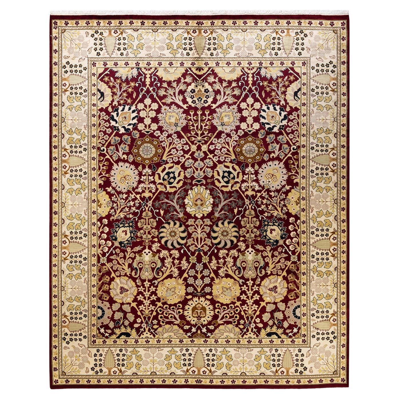 Tapis rouge moghol oriental noué à la main, unique en son genre