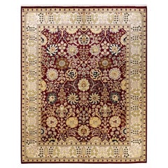 Tapis rouge moghol oriental noué à la main, unique en son genre