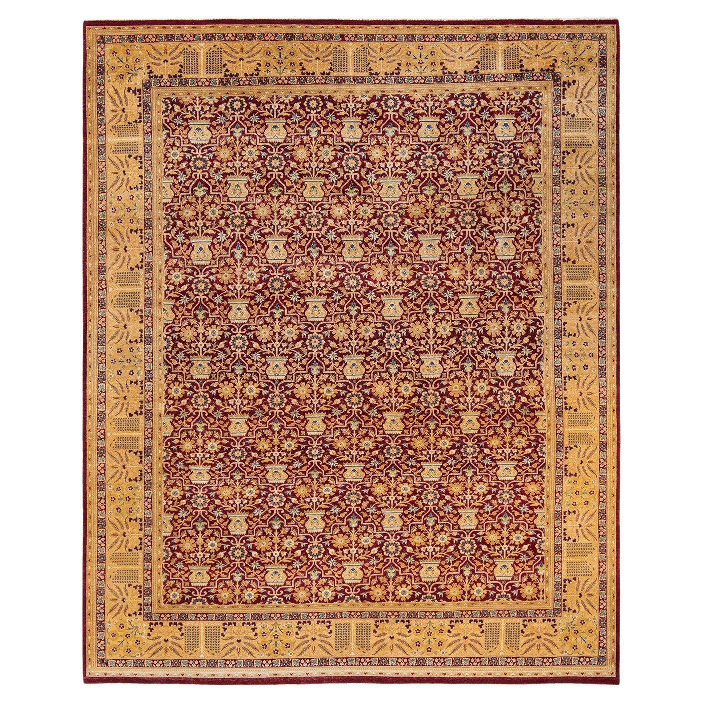 Tapis rouge moghol oriental noué à la main, unique en son genre