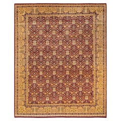 Tapis rouge moghol oriental noué à la main, unique en son genre