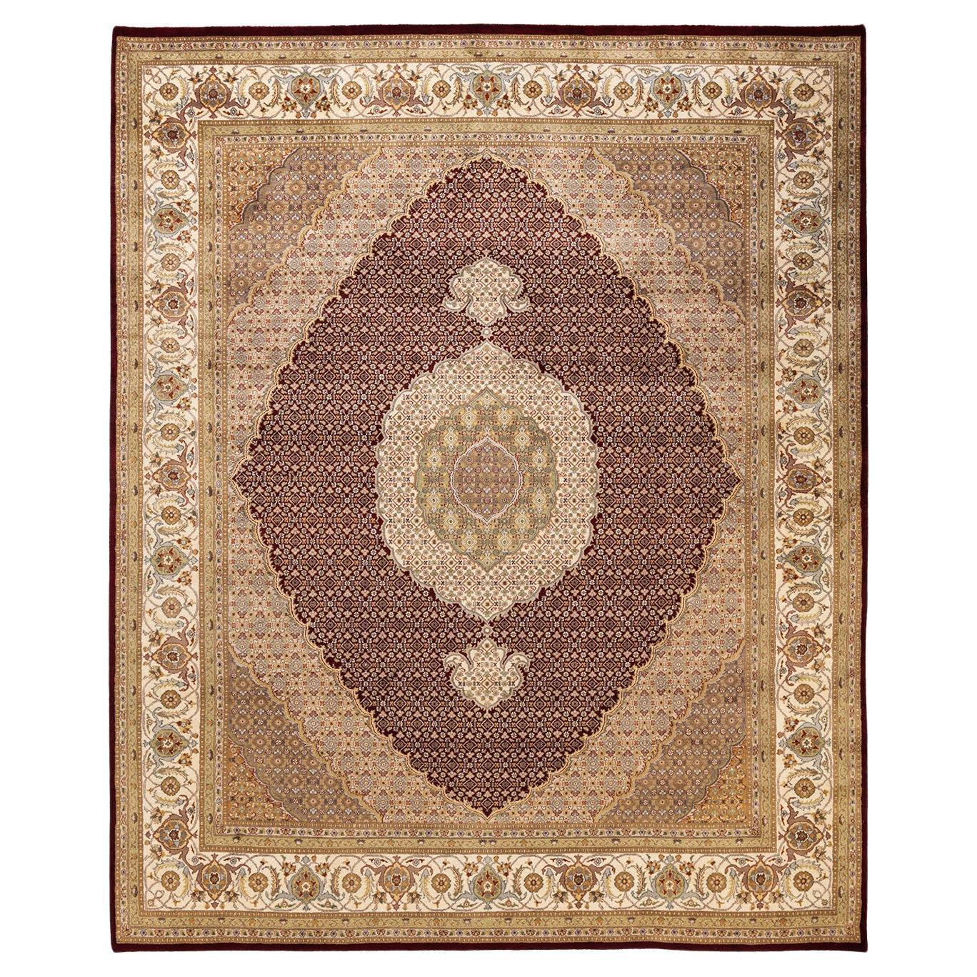 Tapis rouge moghol oriental noué à la main, unique en son genre