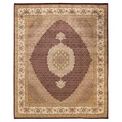 Tapis rouge moghol oriental noué à la main, unique en son genre