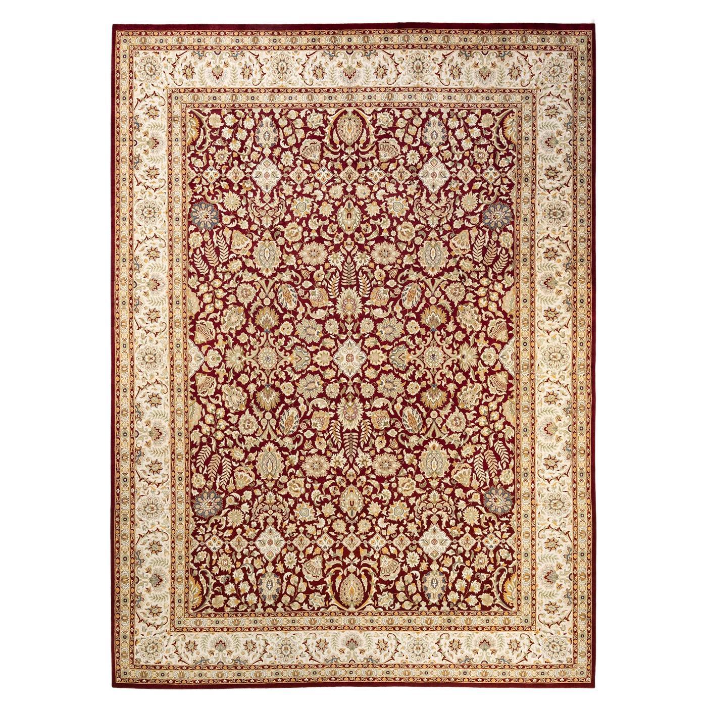 Tapis rouge moghol oriental noué à la main, unique en son genre