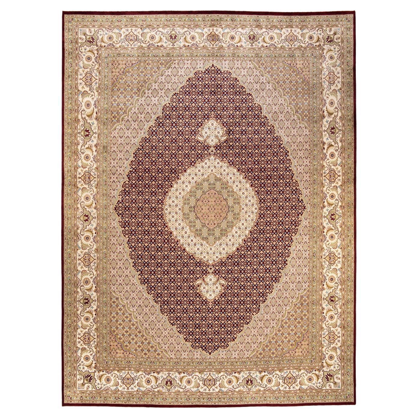 Tapis rouge oriental Mogul noué à la main unique, unique en son genre